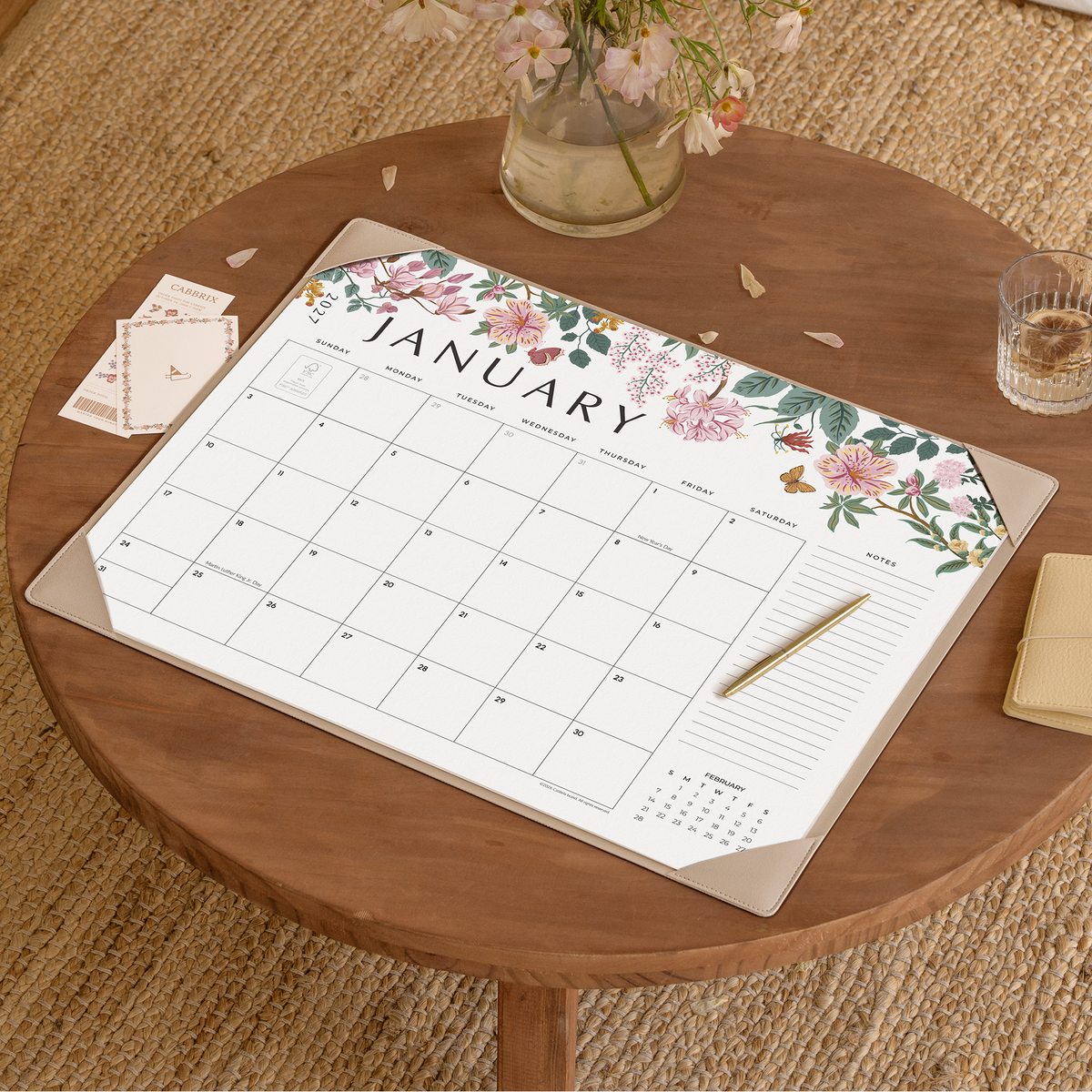 Cabbrix 2027-2028 Desk Calendar, 21"L×17"W, Elegant Floral, Apricot