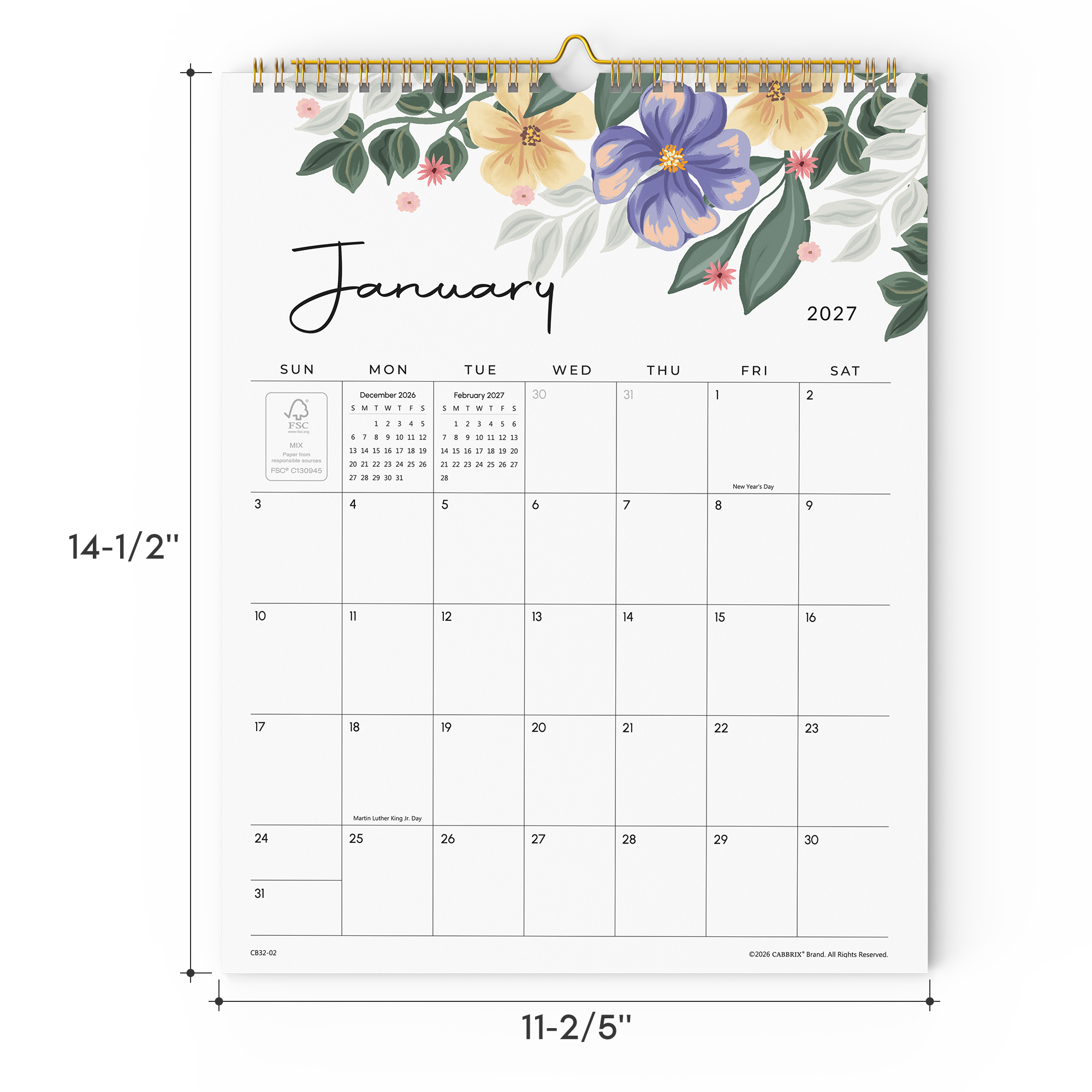 Cabbrix 2027-28 Wall Calendar, Twin-Wire Binding, 12"L×15"W, Bloom Chronicles