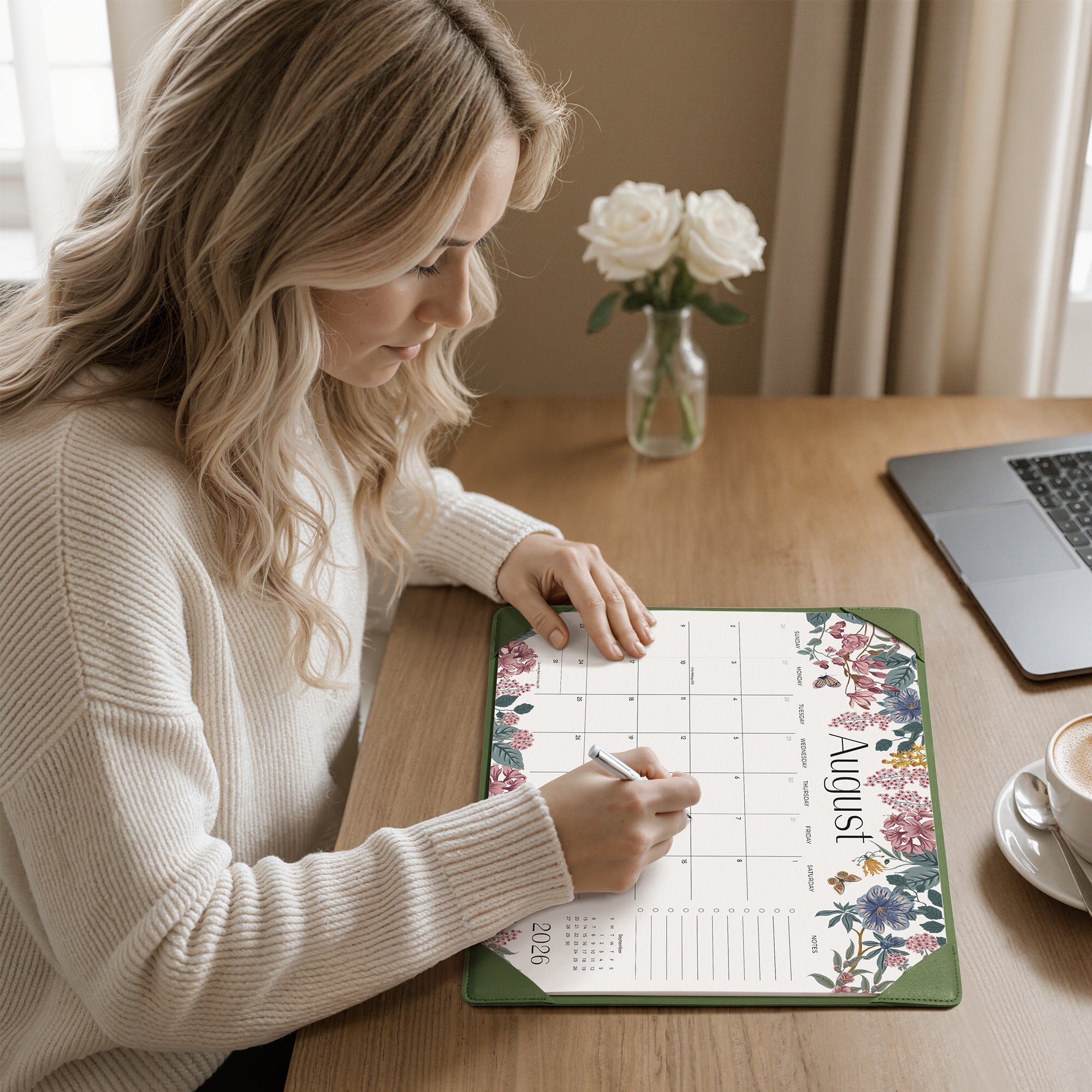 Cabbrix 2026-27 Desk Calendar, 15"L×12"W, Elegant Floral, Green
