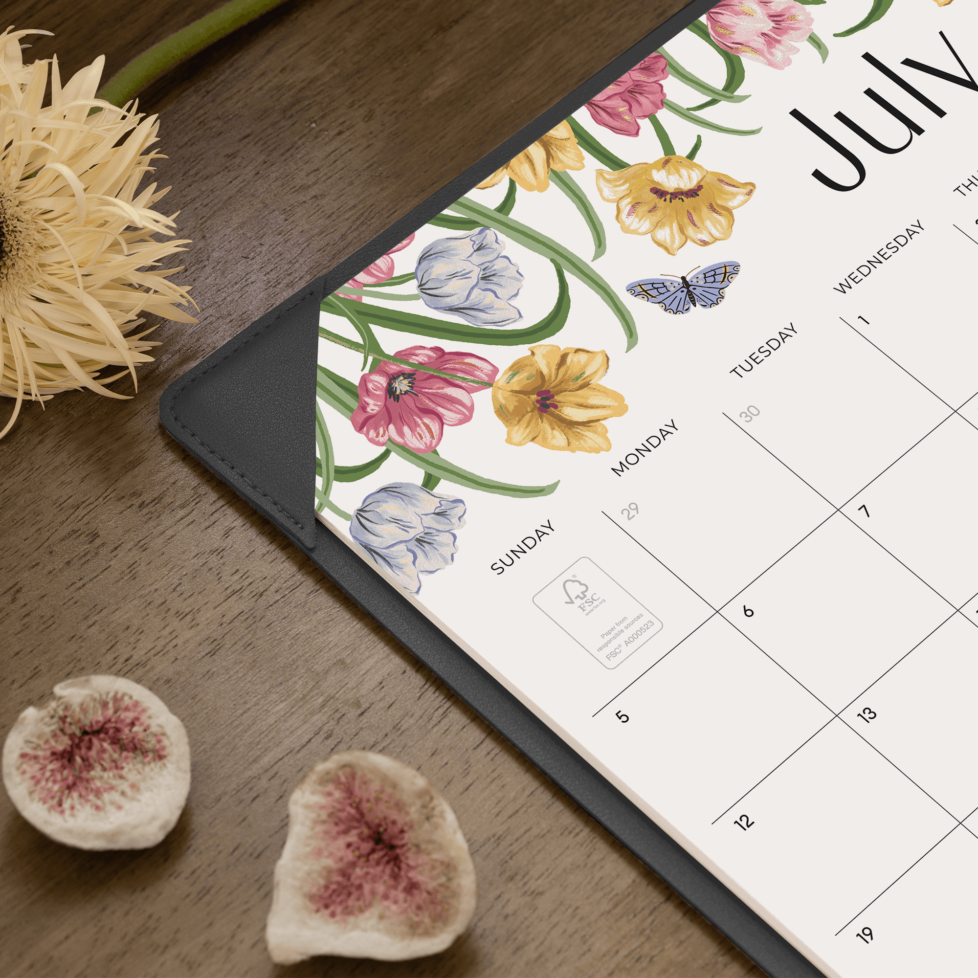 Cabbrix 2026-27 Desk Calendar, 15"L×12"W, Elegant Floral, Black