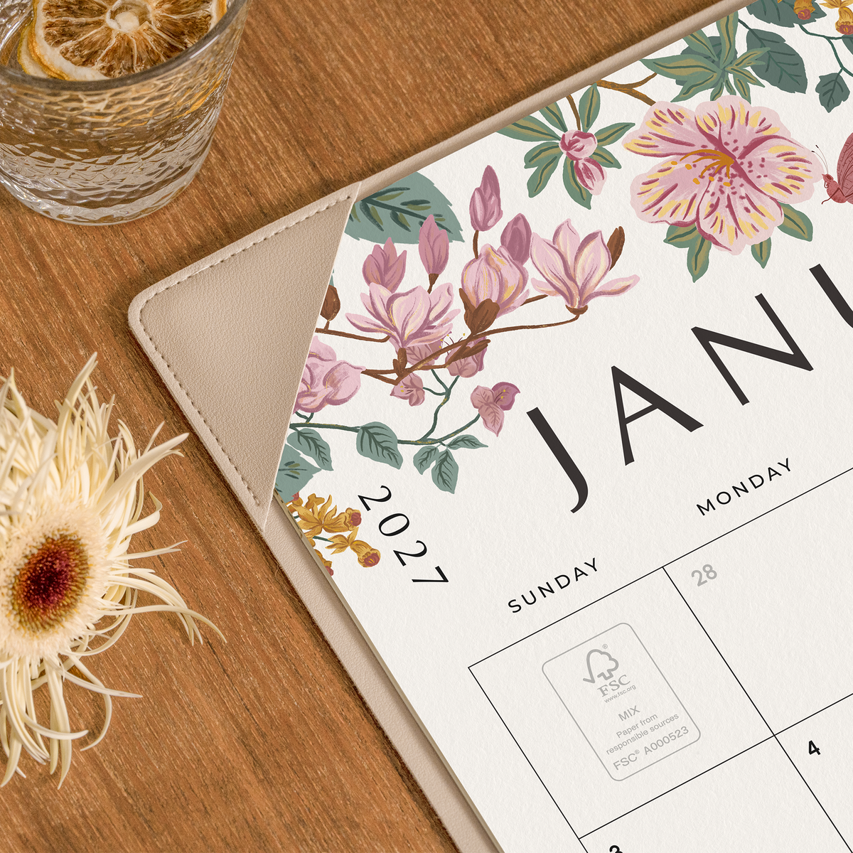 Cabbrix 2027-2028 Desk Calendar, 21"L×17"W, Elegant Floral, Apricot