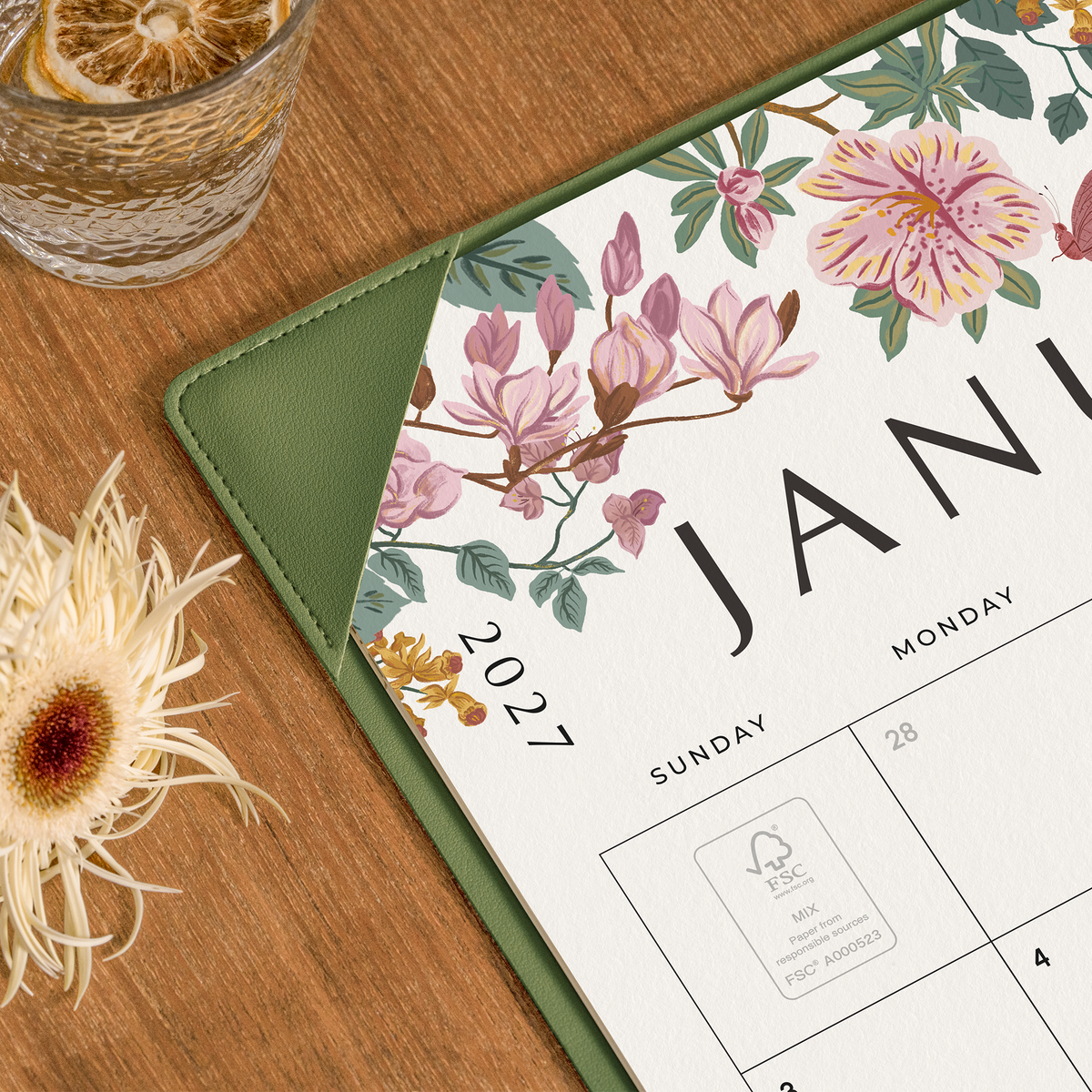 Cabbrix 2027-2028 Desk Calendar, 21"L×17"W, Elegant Floral, Green