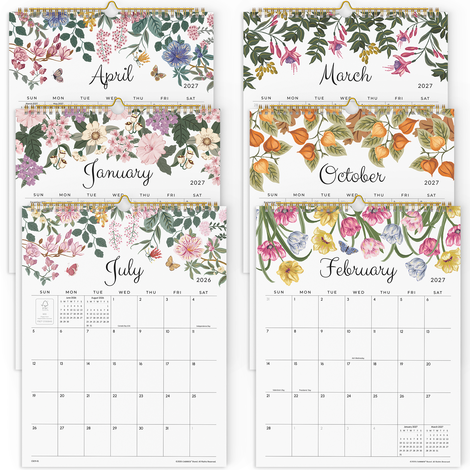 Cabbrix 2026-27 Wall Calendar, Twin-Wire Binding, 12"L×15"W, Elegant Floral