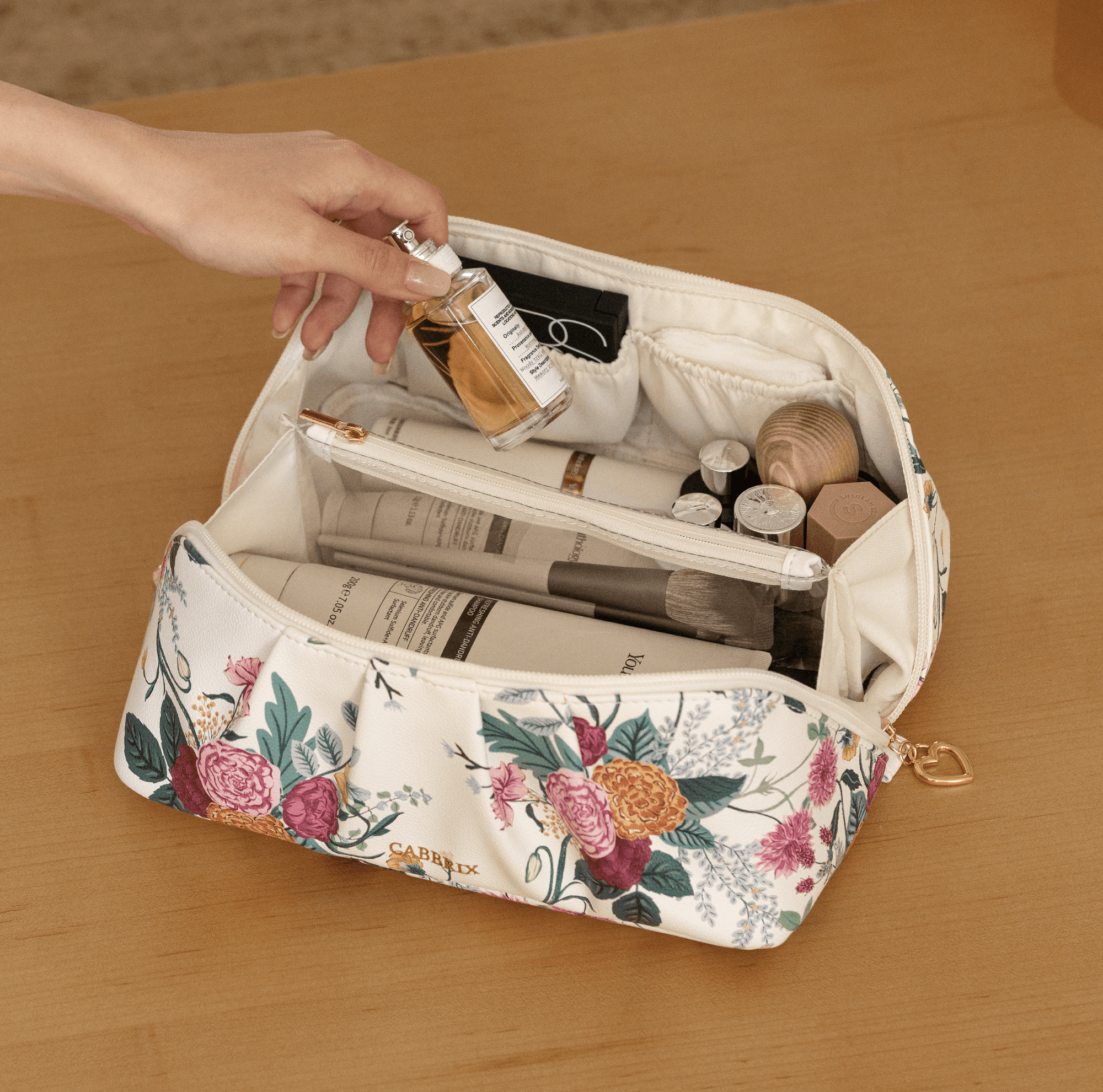 Cabbrix Travel Makeup Bag, Large Capacity Cosmetic Bag for Women, Flat Open Portable Toiletry Bag, Radiance Bloom
