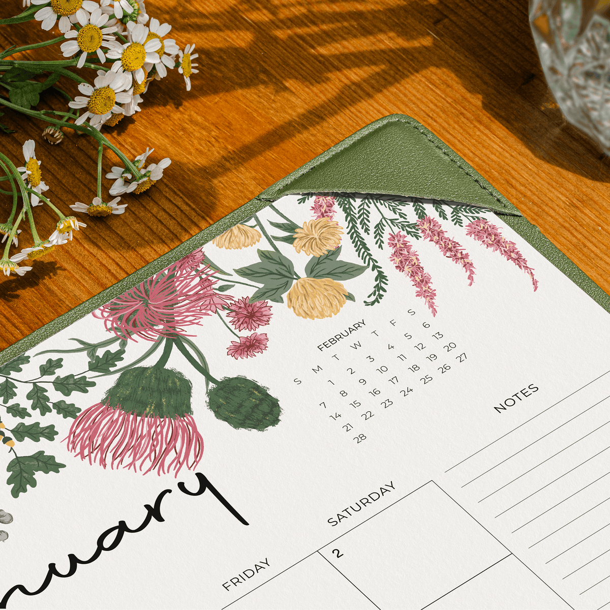 Cabbrix 2027-2028 Desk Calendar, 15"L×12"W, Vine Poem, Green