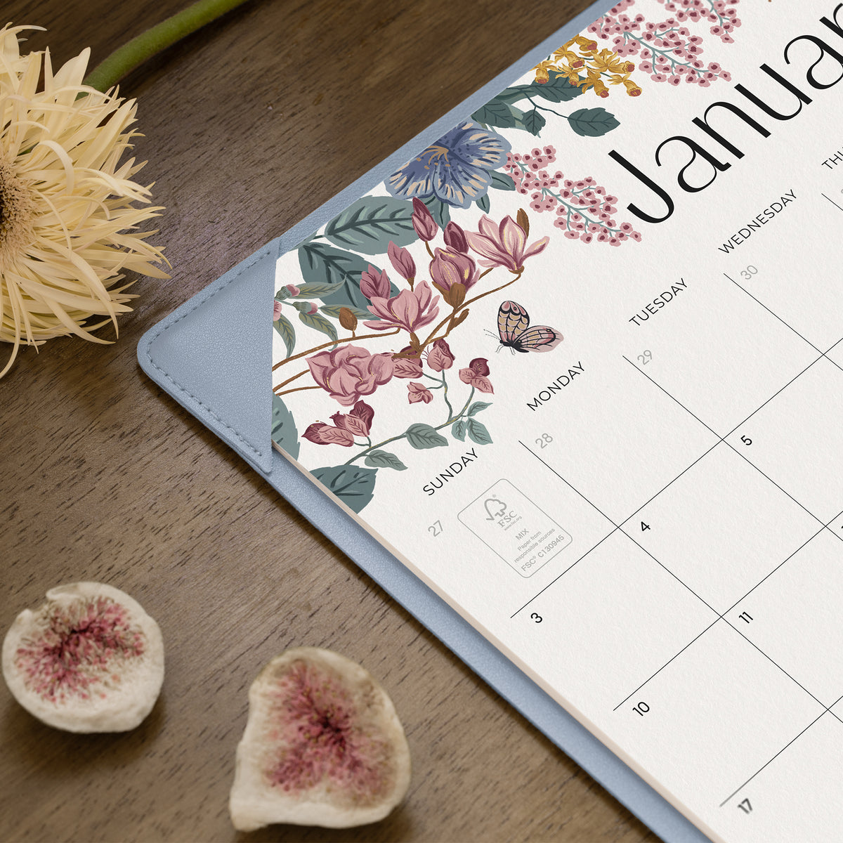 Cabbrix 2027-2028 Desk Calendar, 15"L×12"W, Elegant Floral, Blue