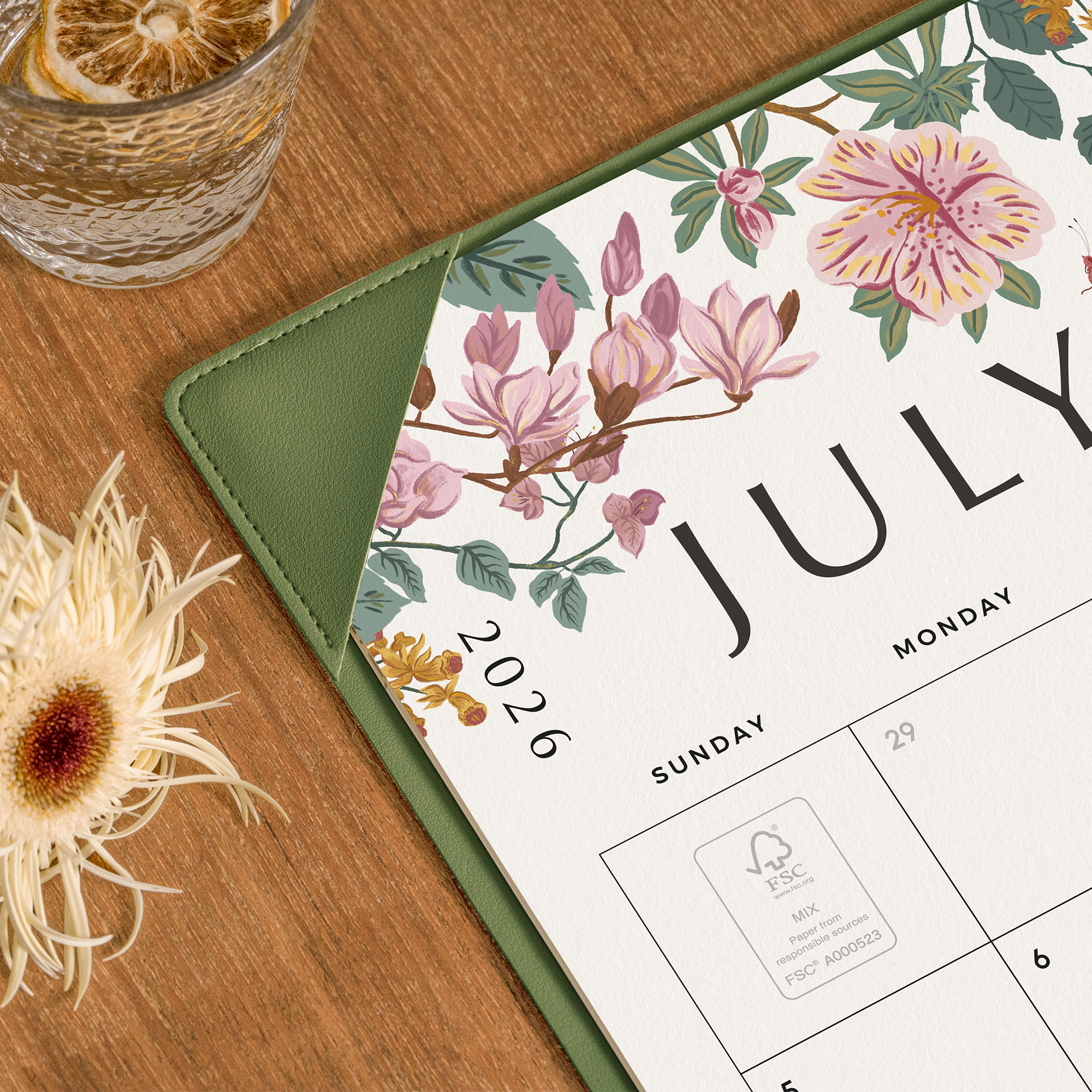 Cabbrix 2026-27 Desk Calendar, 21"L×17"W, Elegant Floral, Green