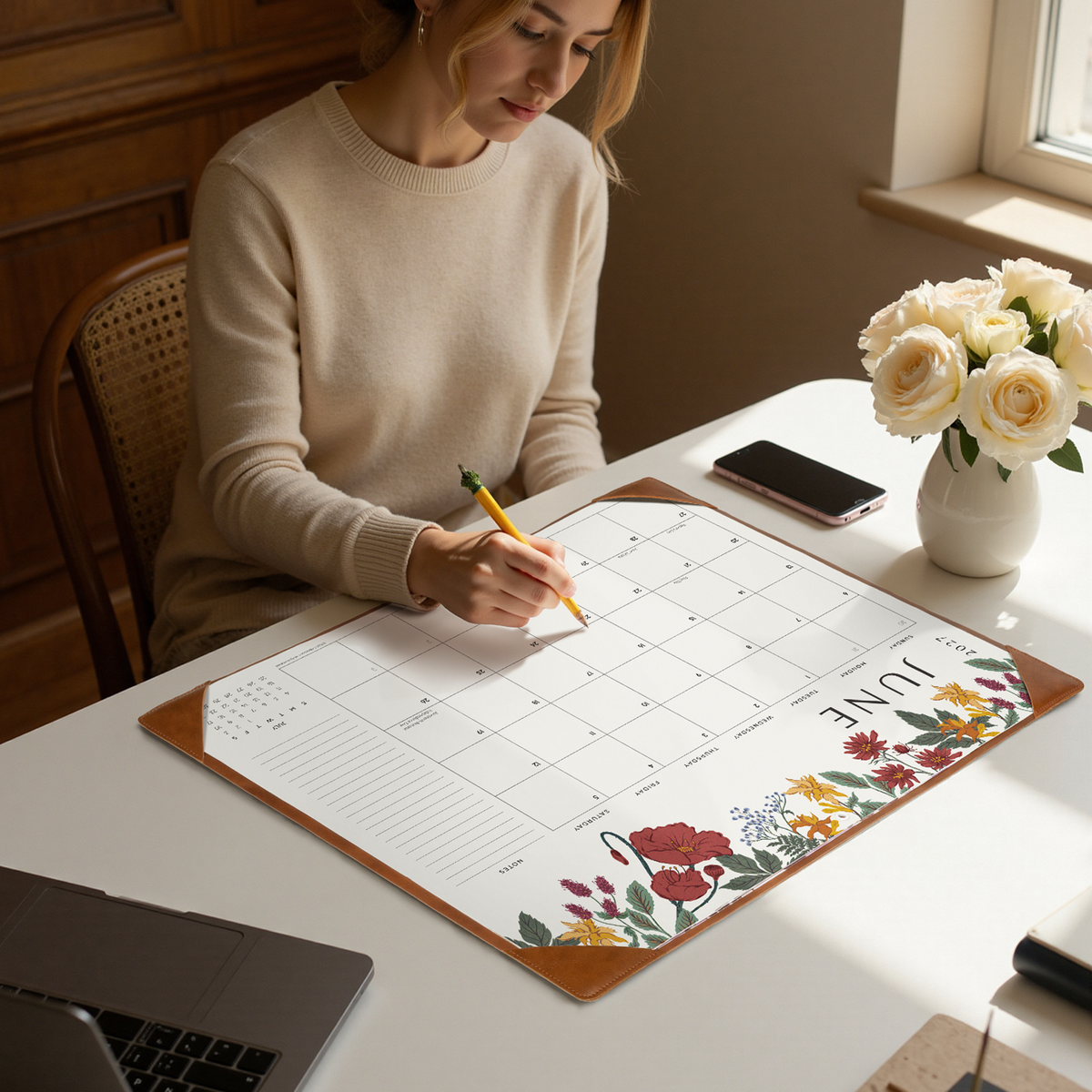Cabbrix 2027-2028 Desk Calendar, 21"L×17"W, Vine Poem, Brown
