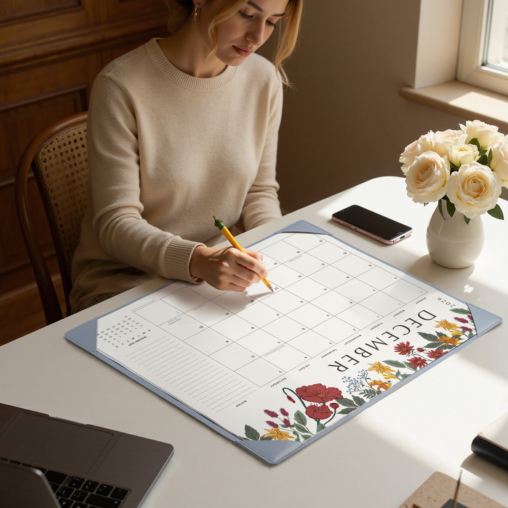 Cabbrix 2026-27 Desk Calendar, 21"L×17"W, Vine Poem, Blue