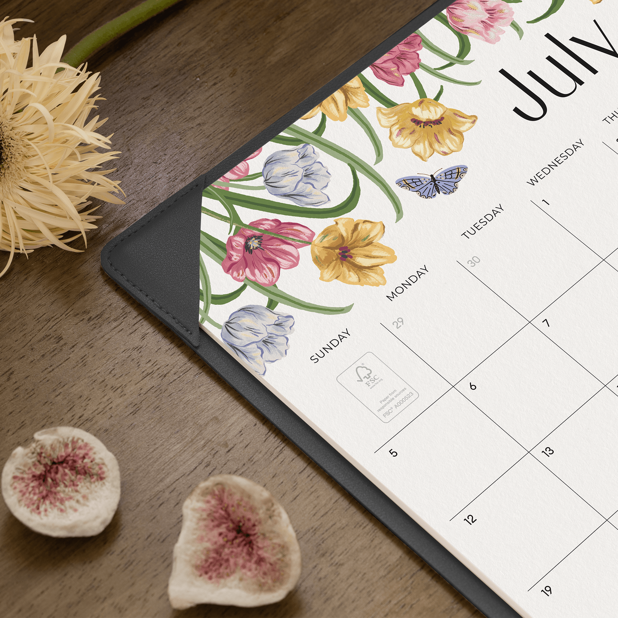 Cabbrix 2026-27 Desk Calendar, 15"L×12"W, Elegant Floral, Black