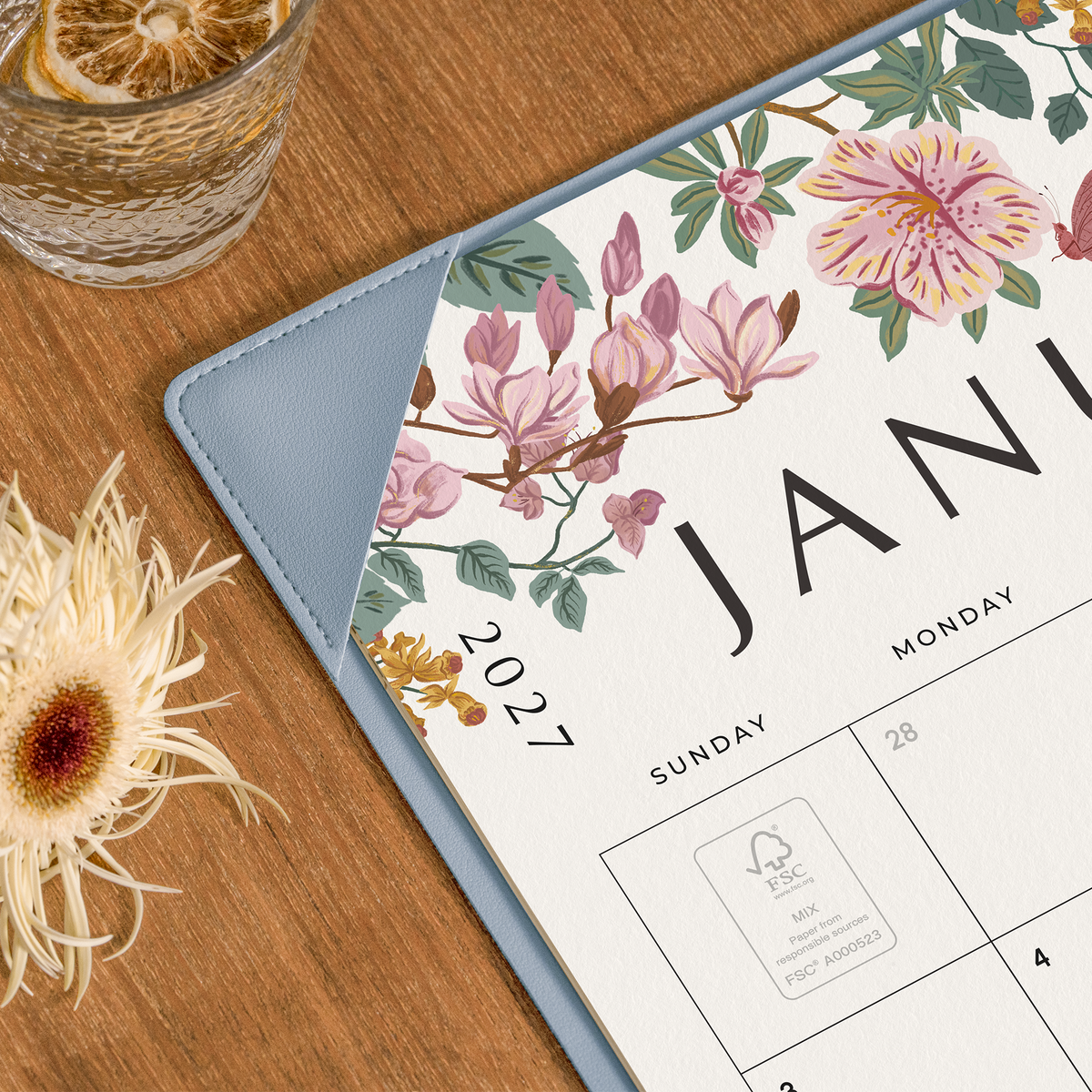 Cabbrix 2027-2028 Desk Calendar, 21"L×17"W, Elegant Floral, Blue