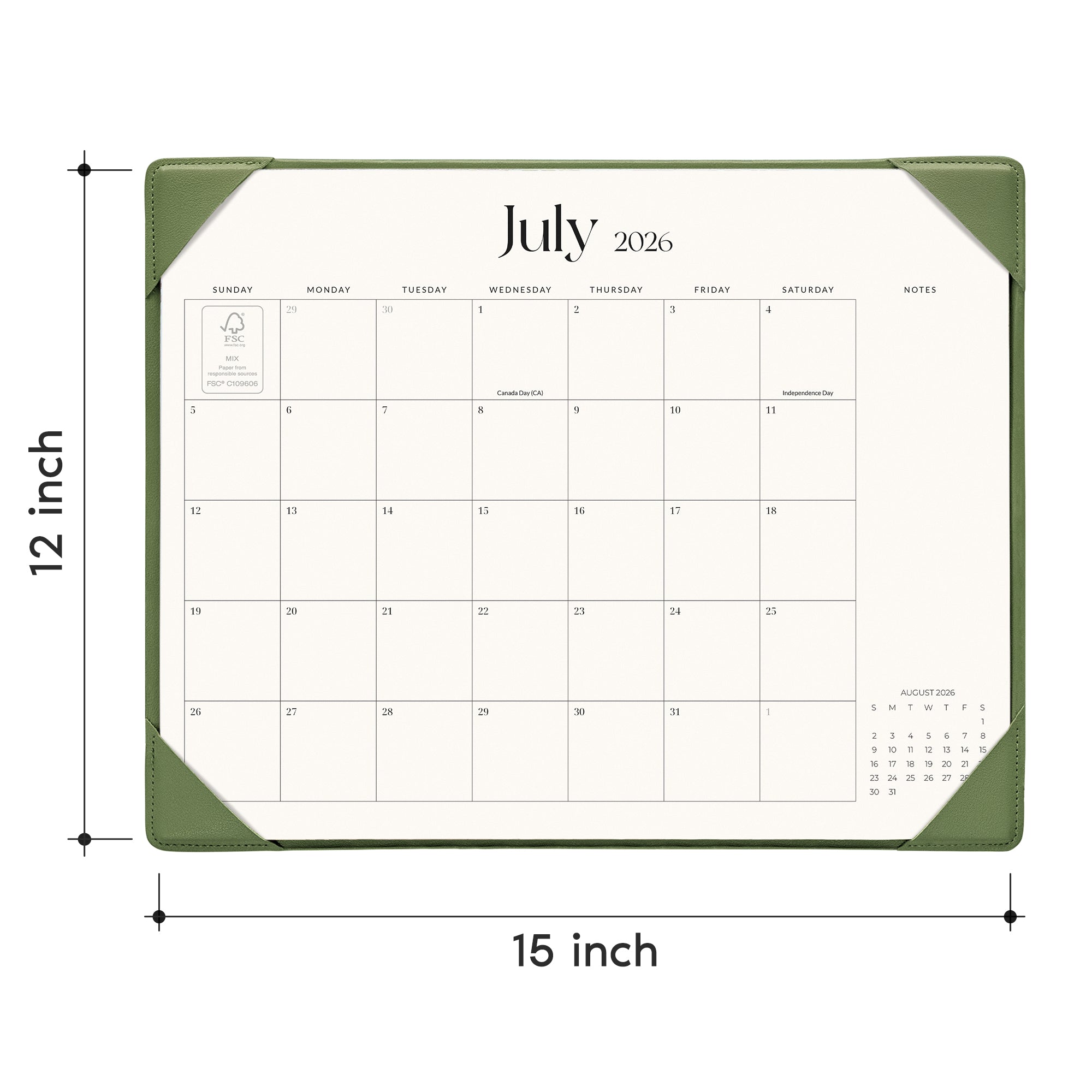 Cabbrix 2026-2027 Desk Calendar, 15"L×12"W, Simplified Style, Green