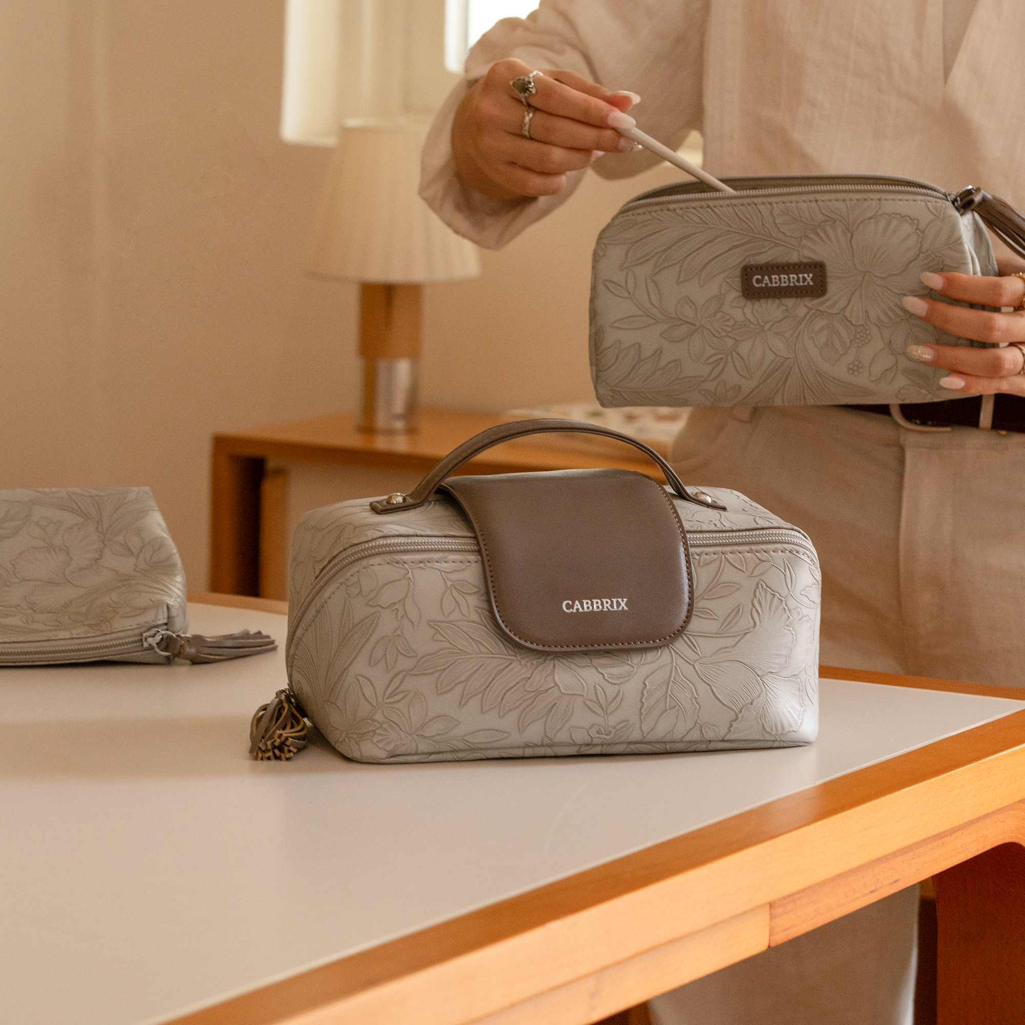 Cabbrix Travel Makeup Bag, 3 Pcs Set Large Capacity Cosmetic Bag, Apricot