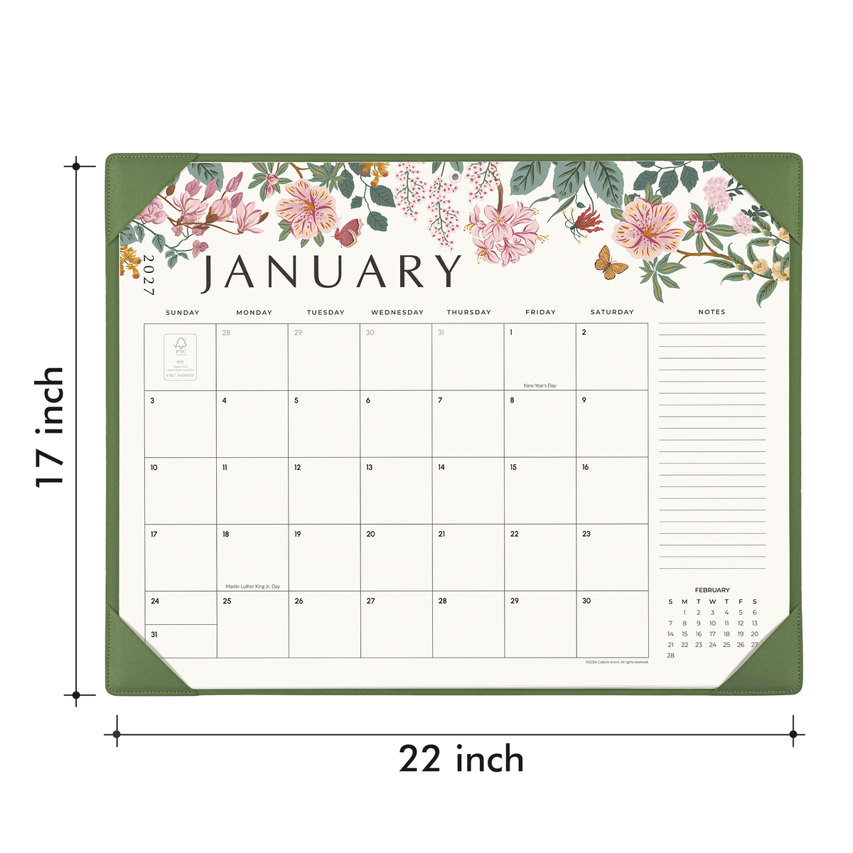 Cabbrix 2027-2028 Desk Calendar, 21"L×17"W, Elegant Floral, Green