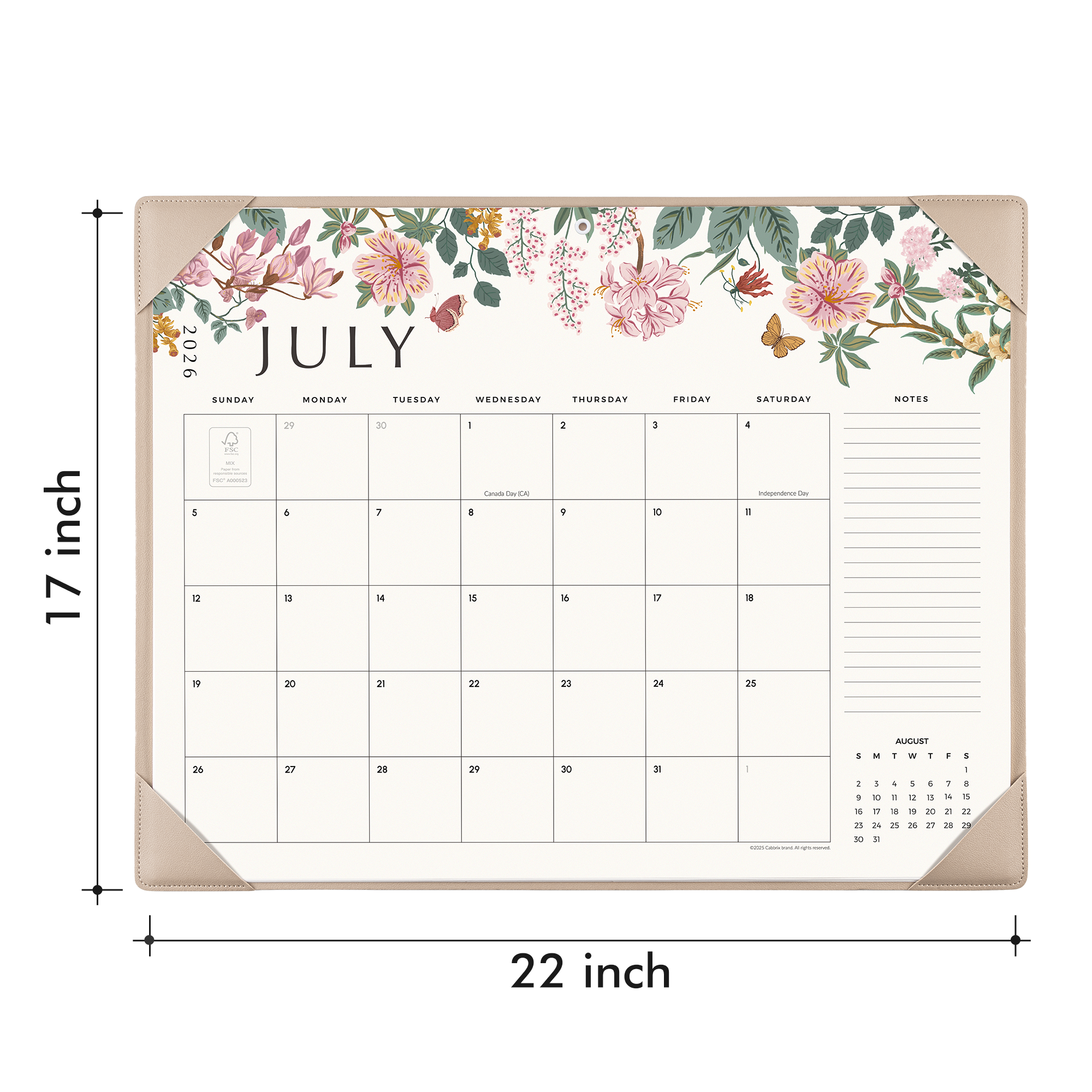 Cabbrix 2026-27 Desk Calendar, 21"L×17"W, Elegant Floral, Apricot