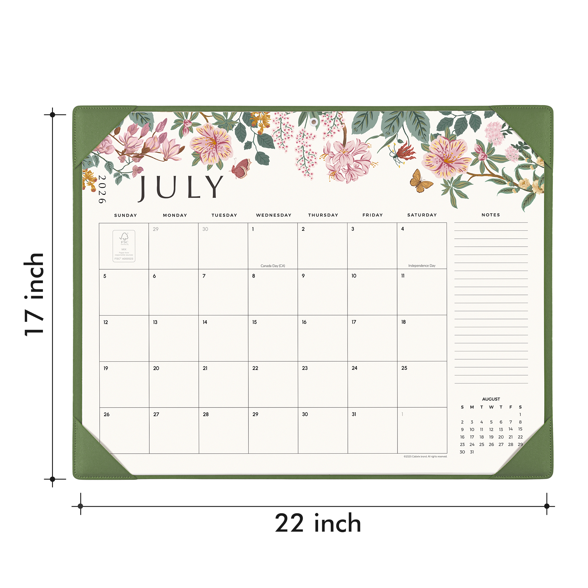 Cabbrix 2026-27 Desk Calendar, 21"L×17"W, Elegant Floral, Green