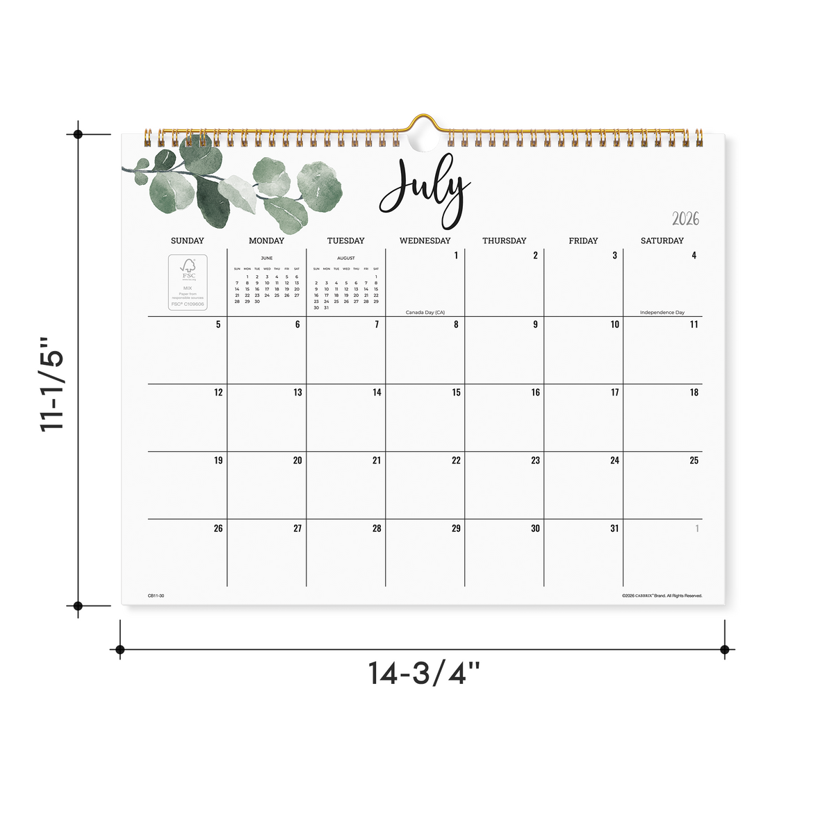 Cabbrix 2026-2027 Wall Calendar, Spiral Binding, 15"L×12"W, Botanical Elements