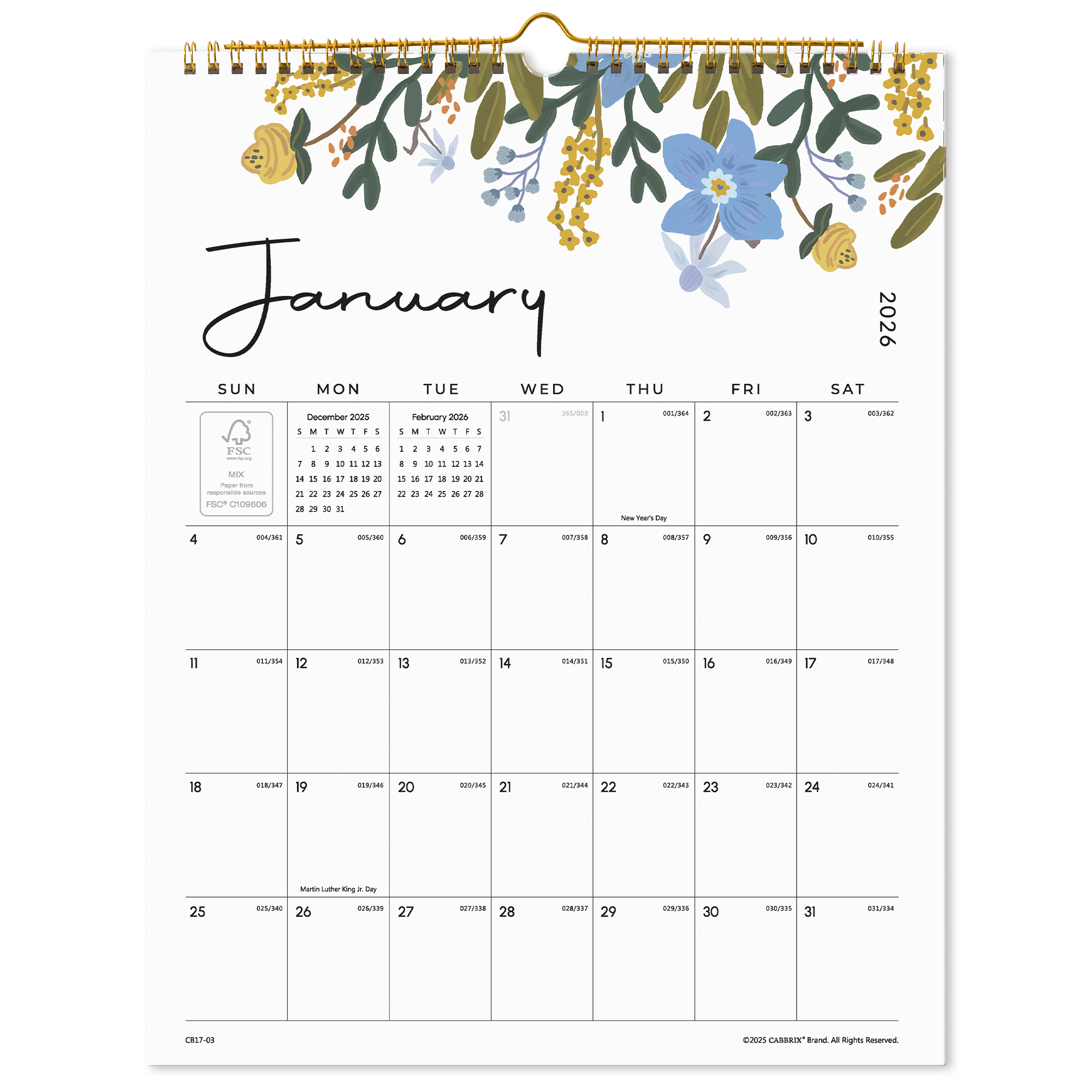 Cabbrix 2026-2027 Wall Calendar, Twin-Wire Binding, 12"L×15"W, Floral Design