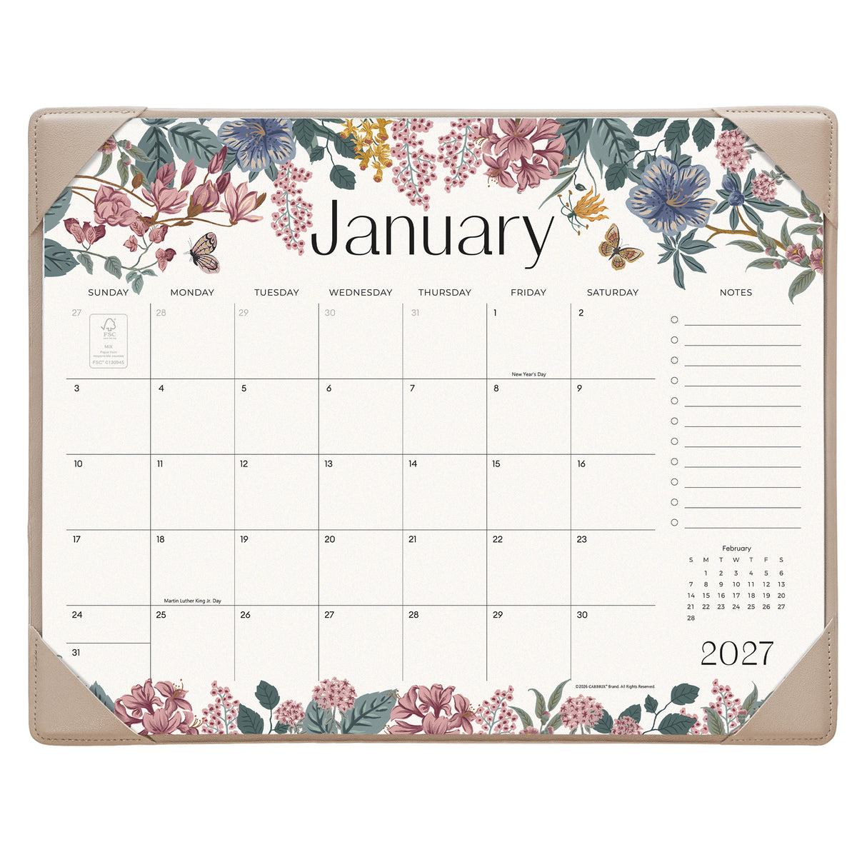 Cabbrix 2027-2028 Desk Calendar, 15"L×12"W, Elegant Floral, Black