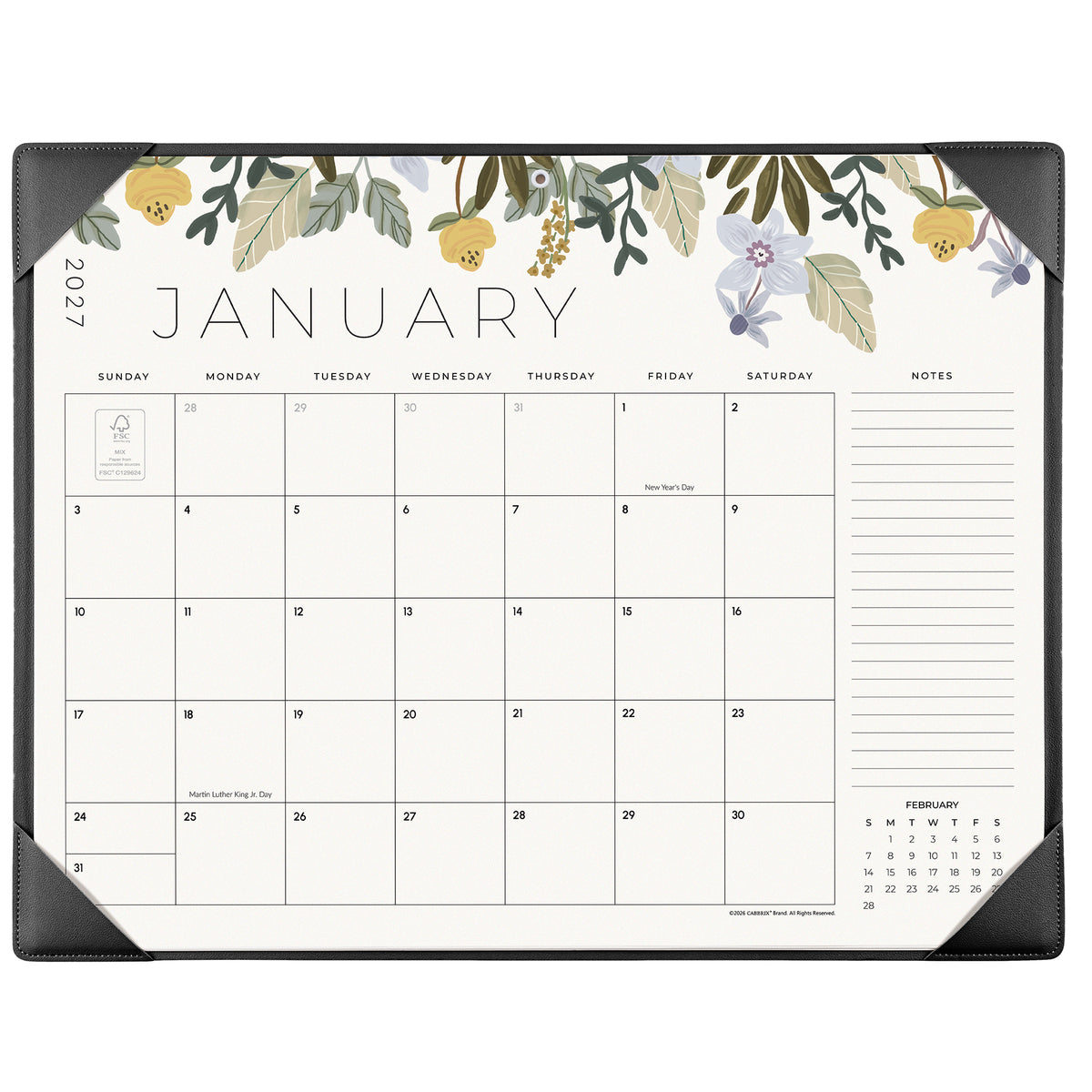 Cabbrix 2027-2028 Desk Calendar, 21"L×17"W, Floral Elements, Blue