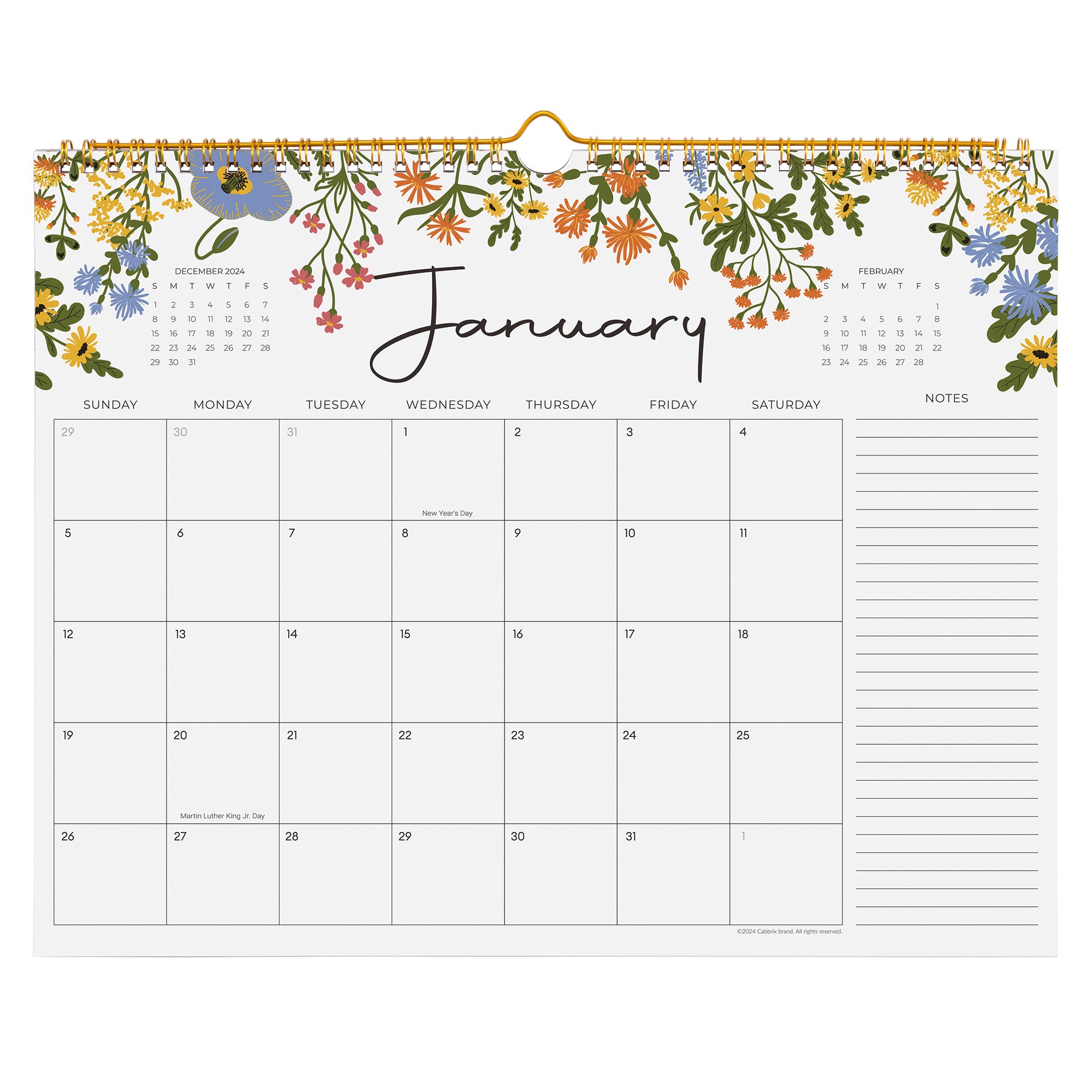 Cabbrix 2027-28 Wall Calendar, Twin-Wire Binding, 15"L×12"W, Floral Elements