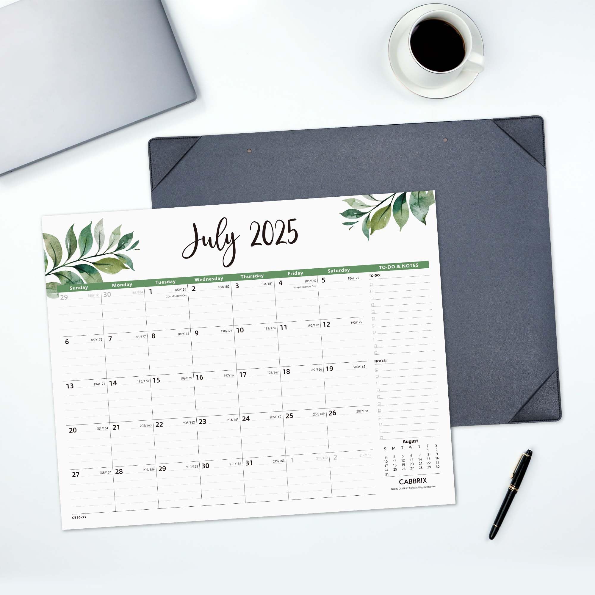 Cabbrix 2025-2026 Desk Calendar, Botanical Elements, Black