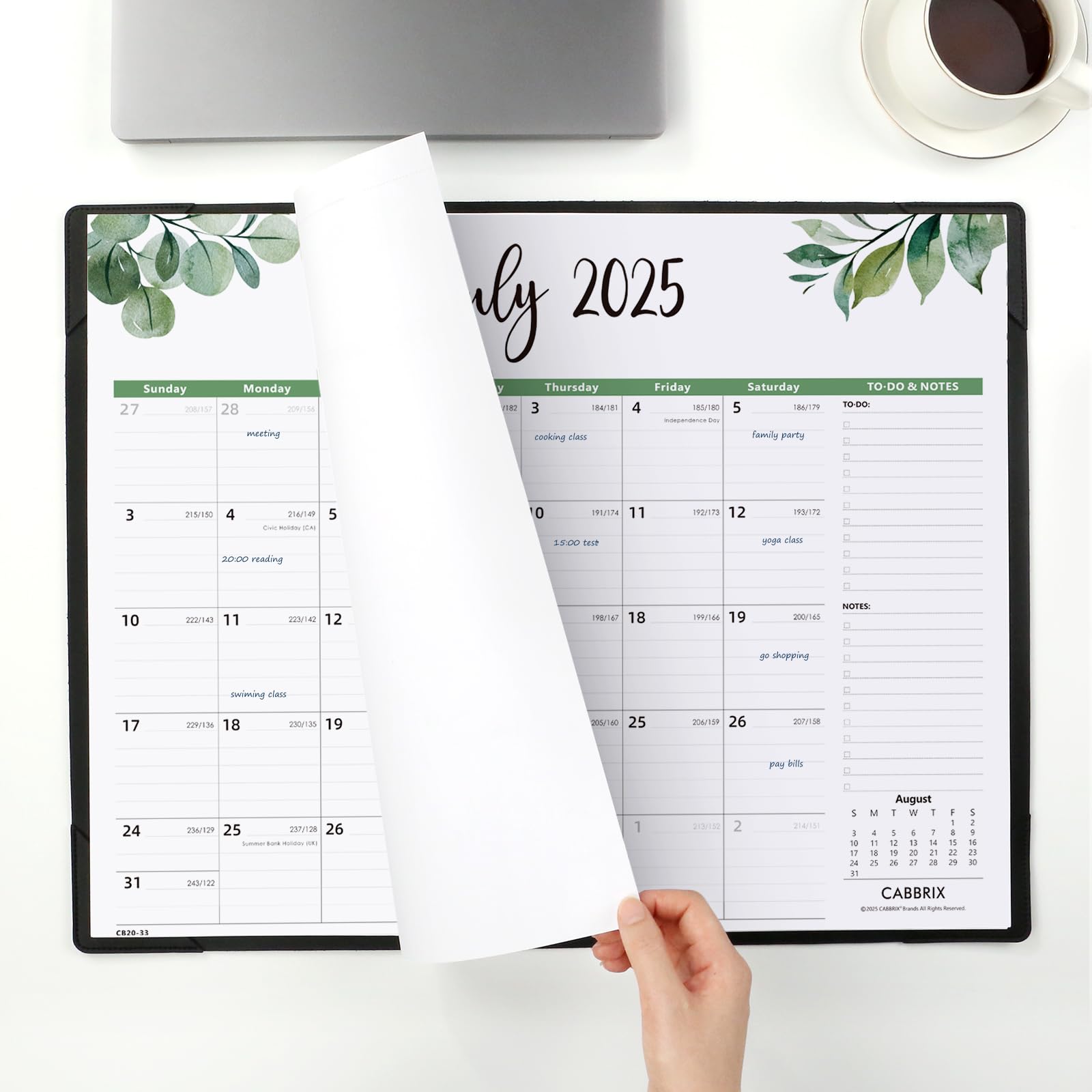 Cabbrix 2025-2026 Desk Calendar, Botanical Elements, Black