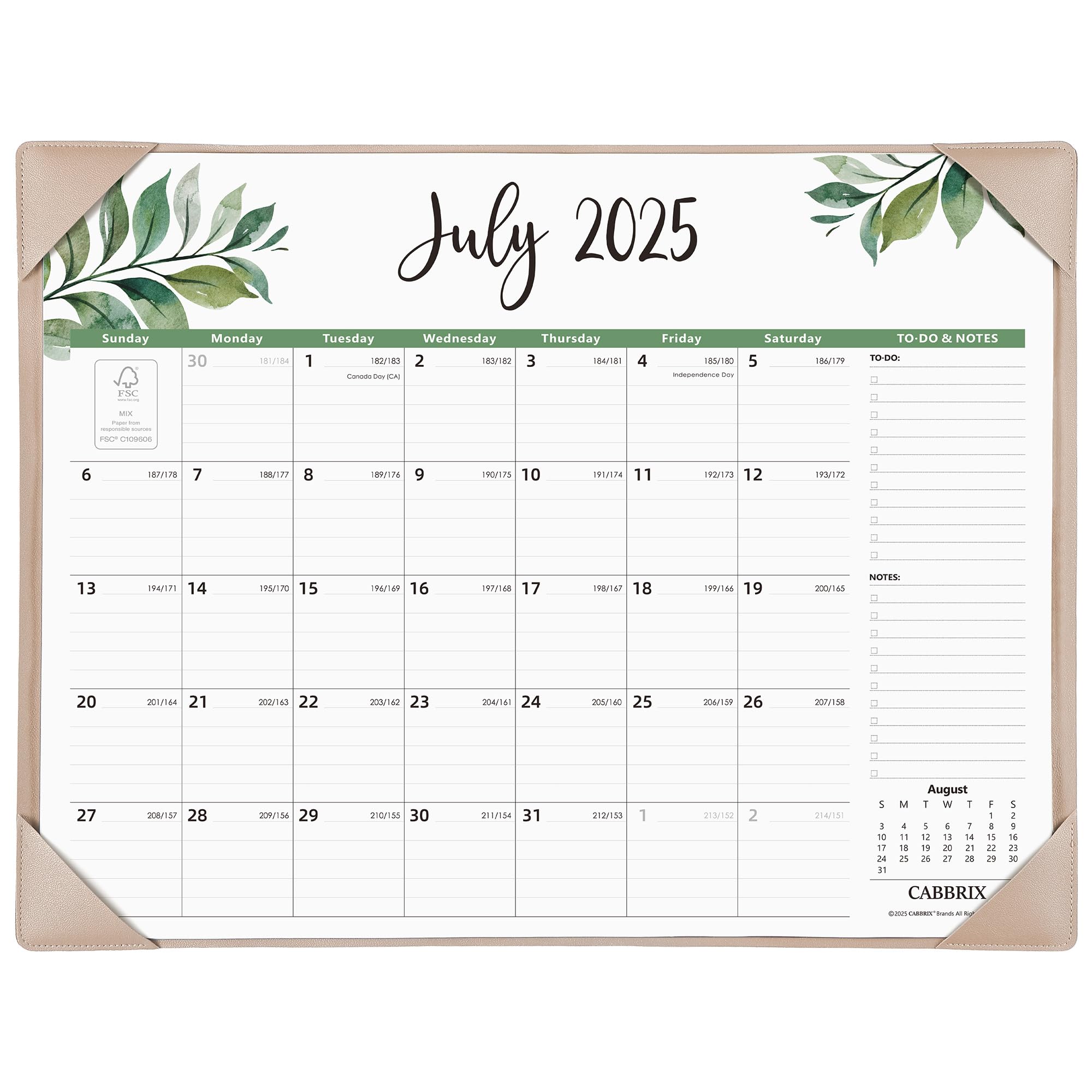 Calendar for July 2025 with green leaf designs on a white background
