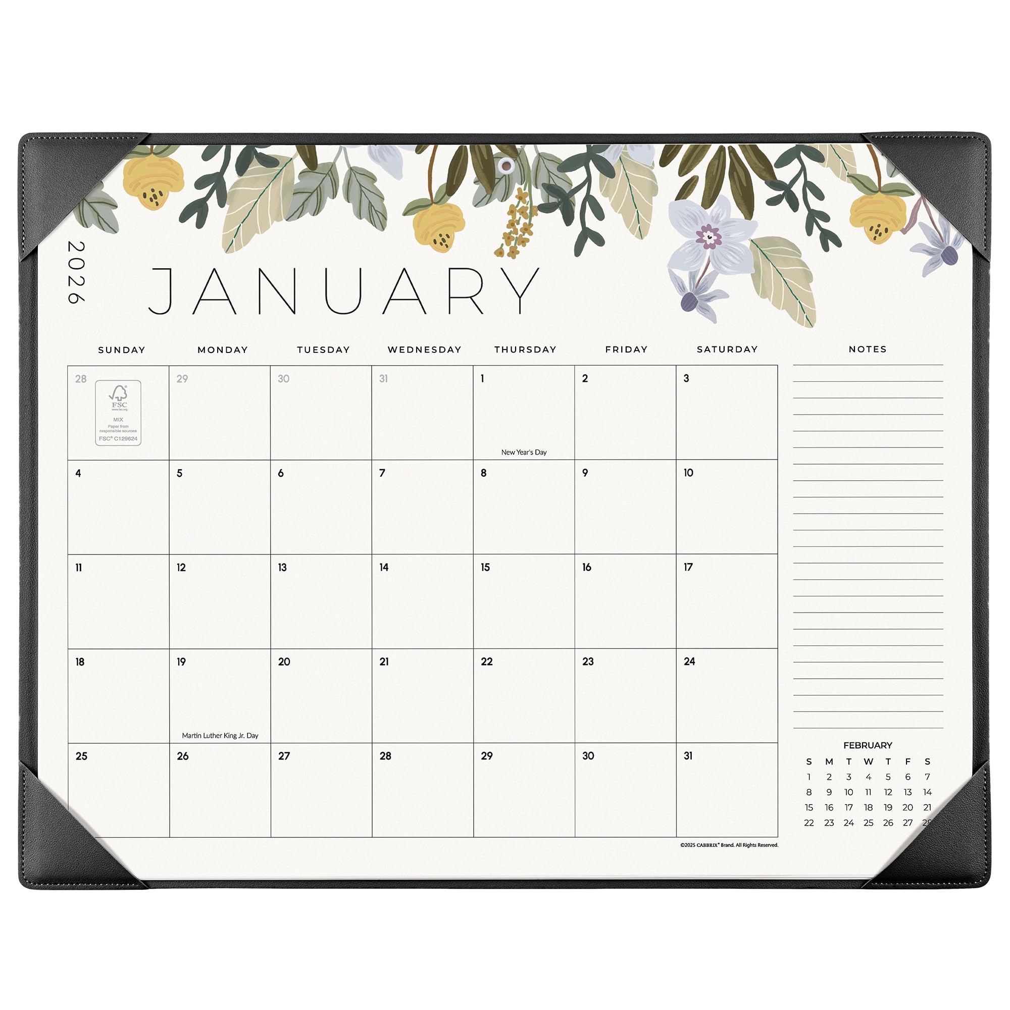 Floral-themed calendar for January with a decorative border