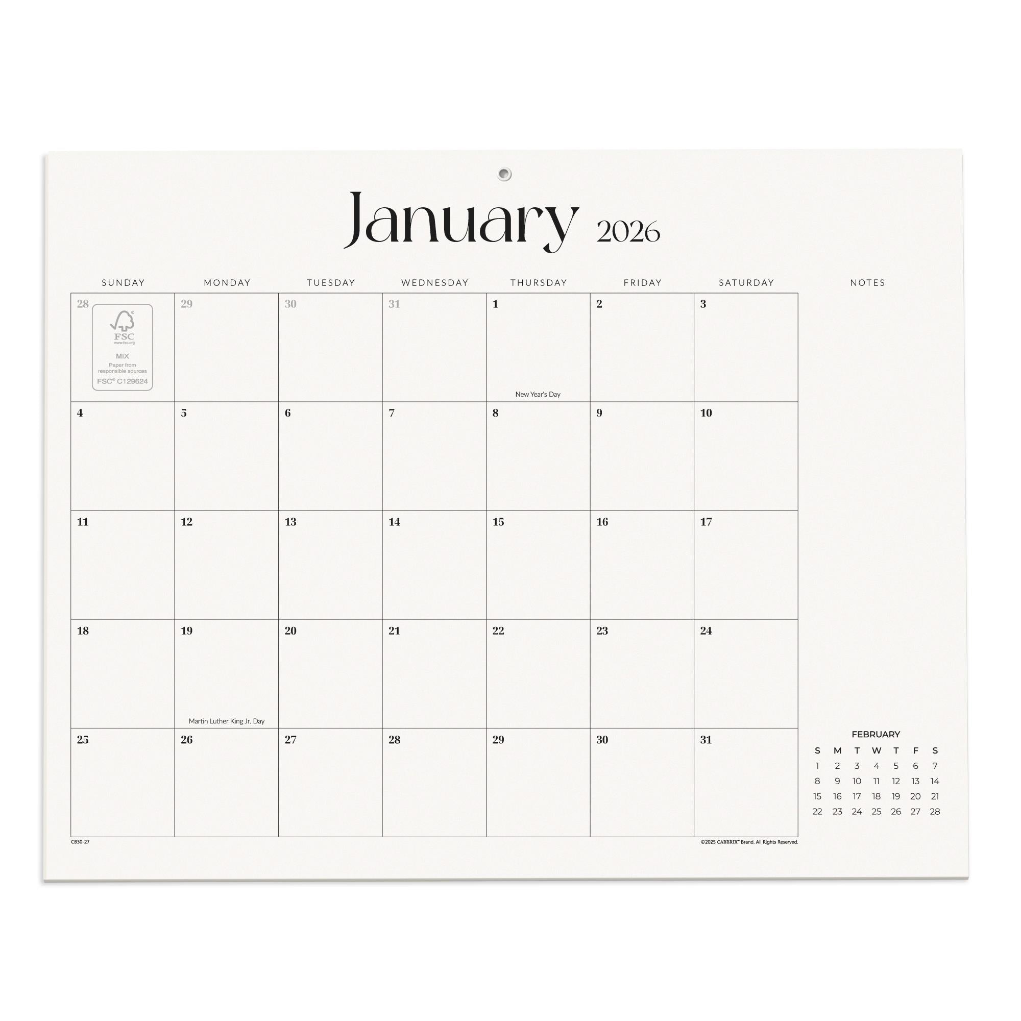 Calendar for January 2026 with a white background