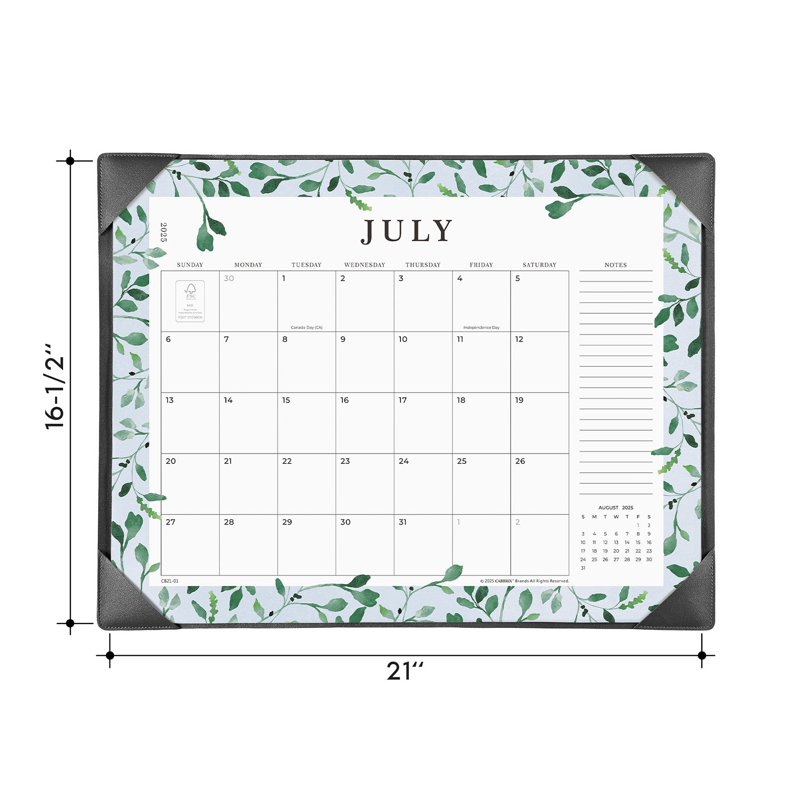 Cabbrix 2025-2026 Desk Calendar, Watercolor Leaves, Black