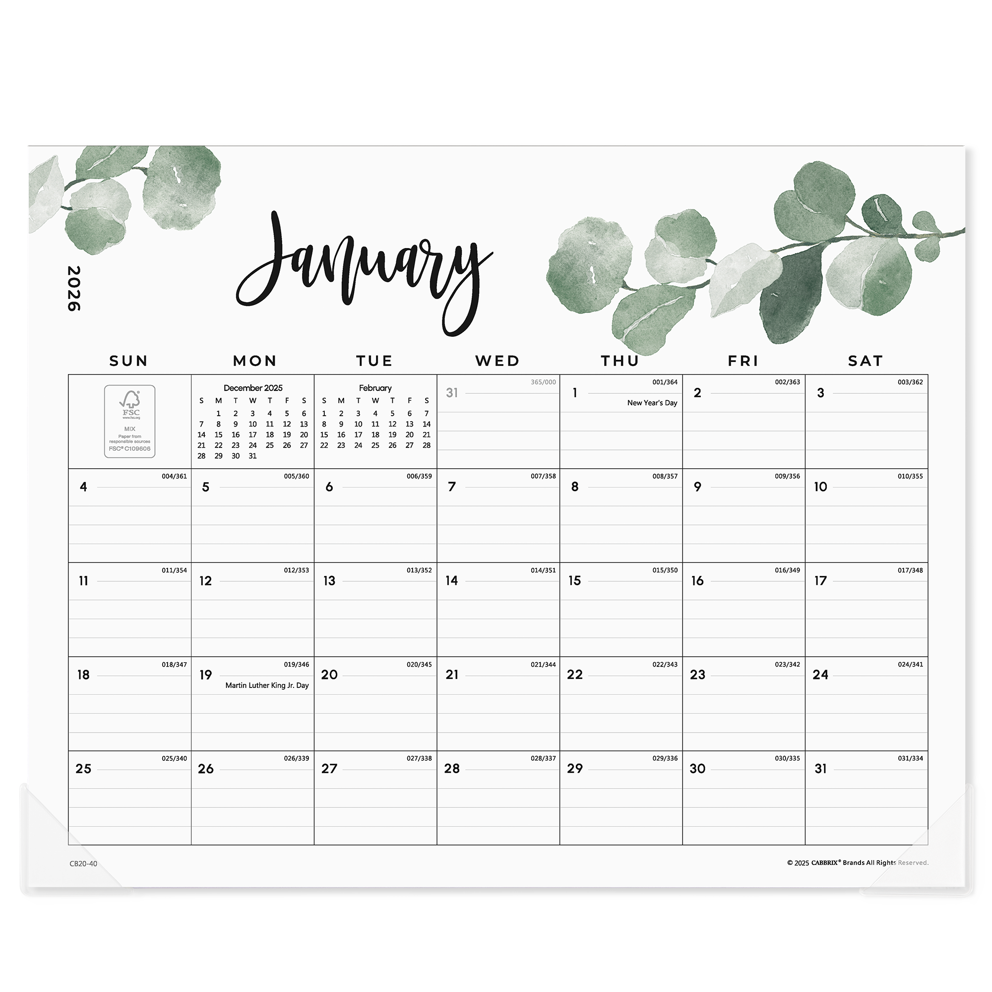 Calendar for January 2026 with green leaf design on a white background
