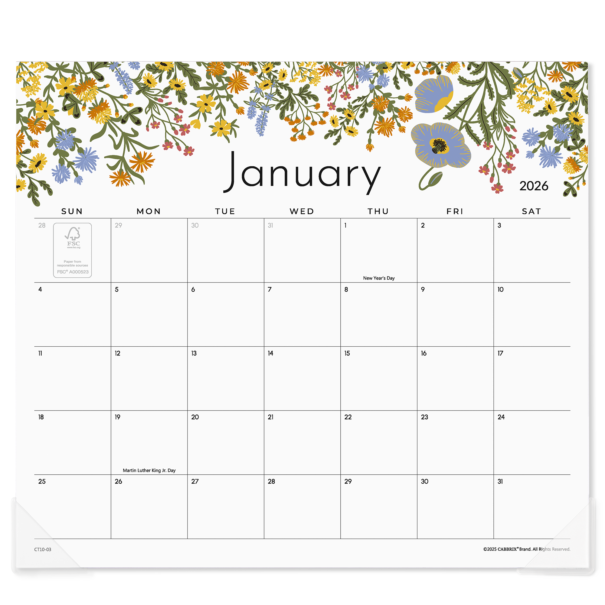Calendar for January 2026 with floral design at the top