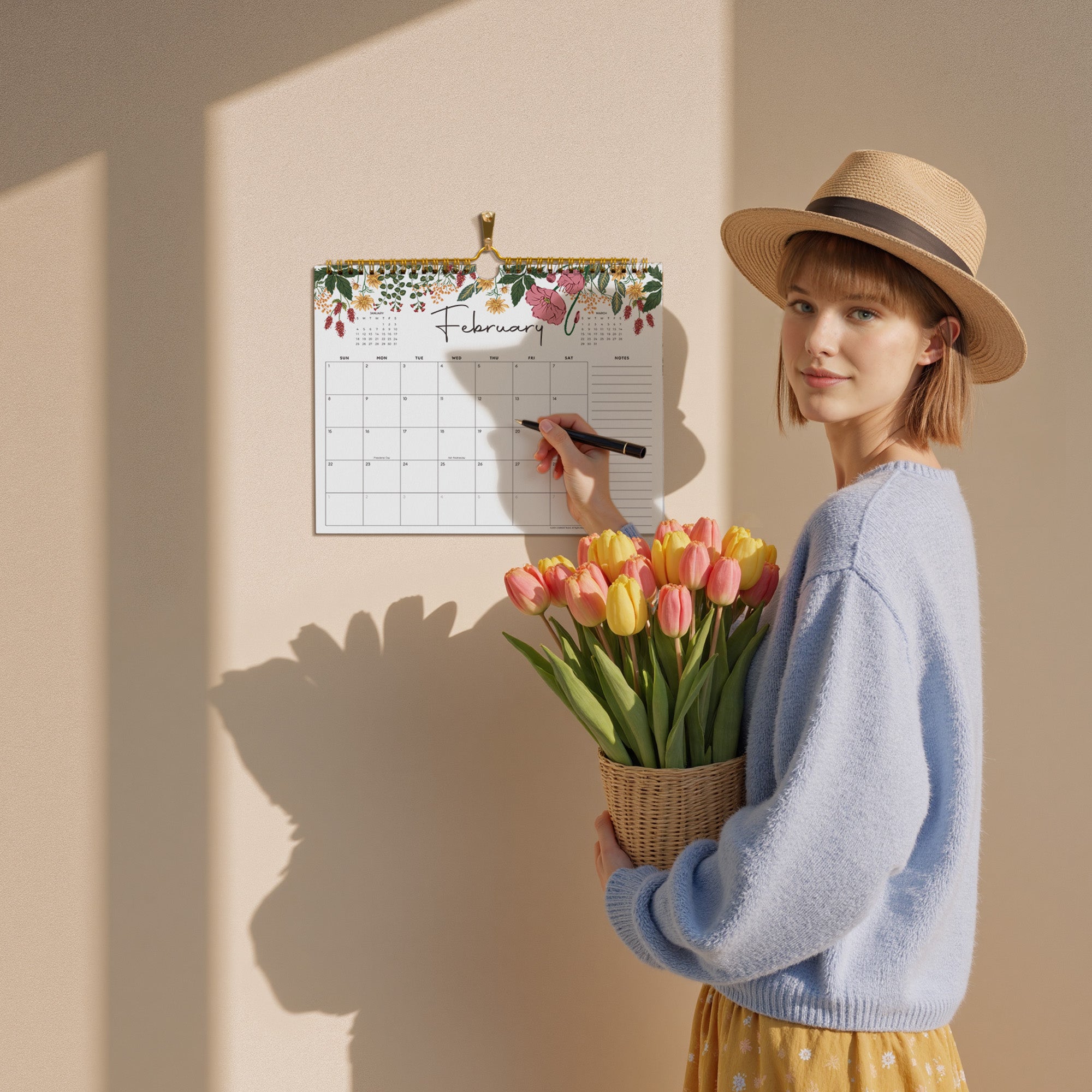 Woman holding tulips and a pen, standing next to a floral calendar on a beige wall.