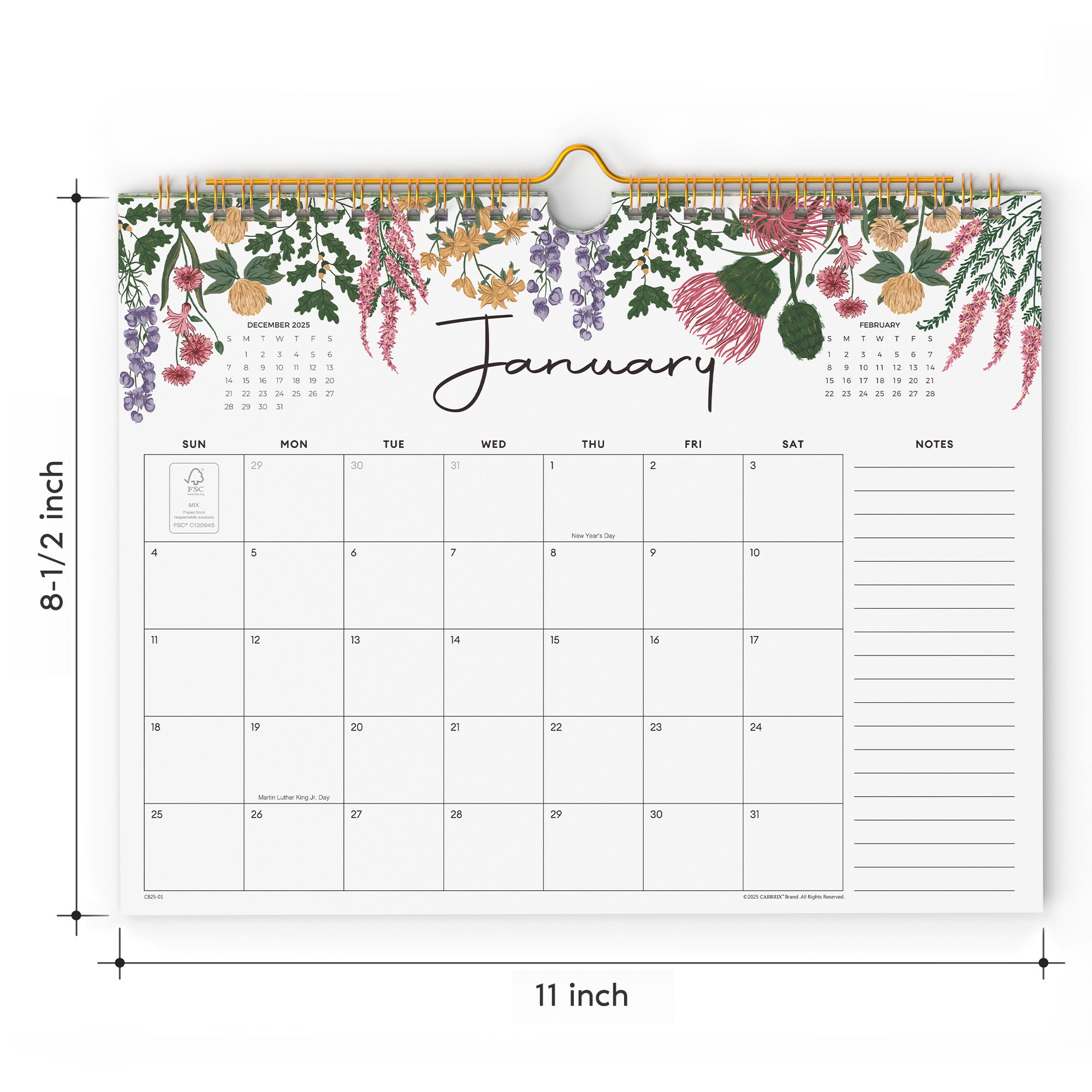 Floral-themed calendar with dimensions on a white background