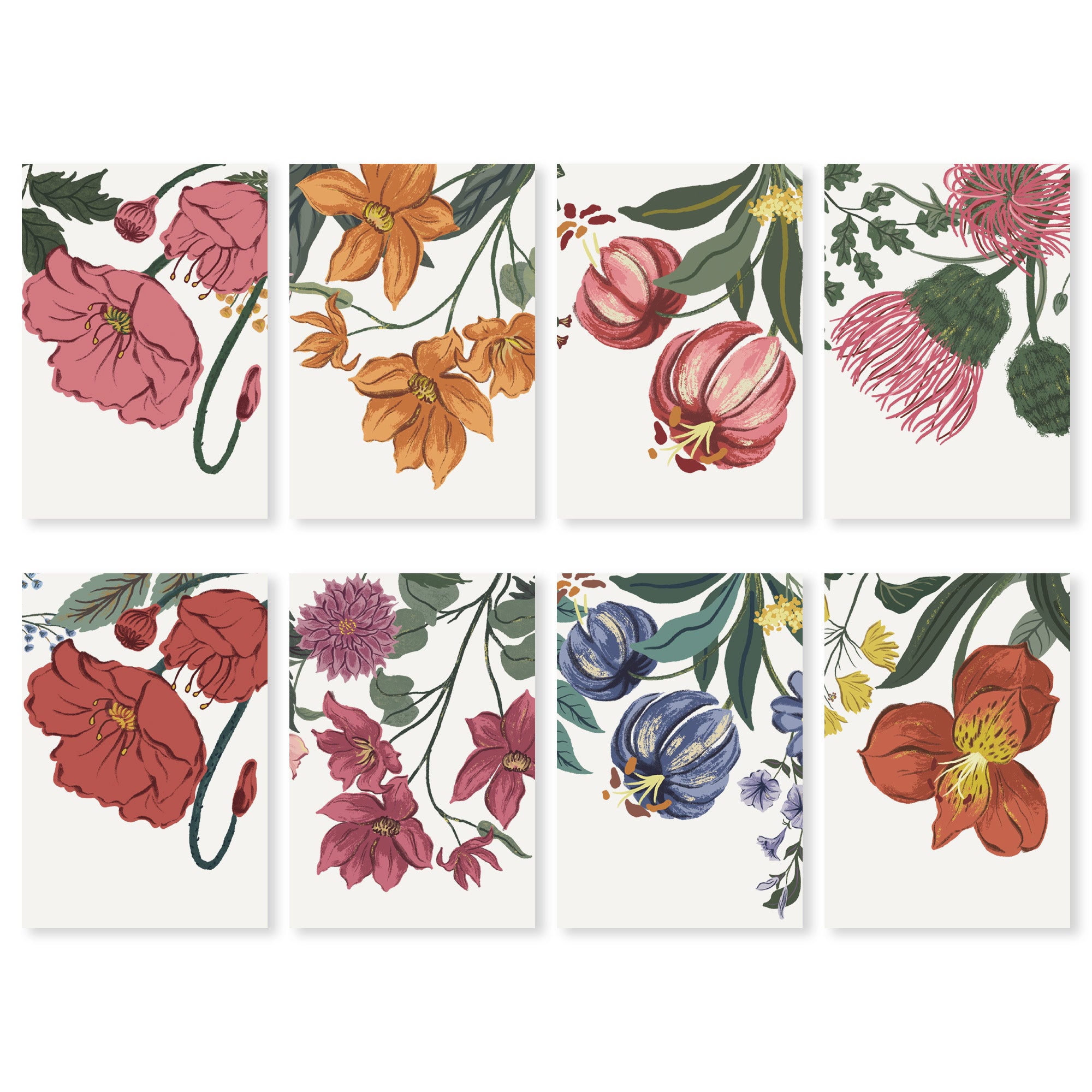 Set of eight floral coasters with various flowers on a white background