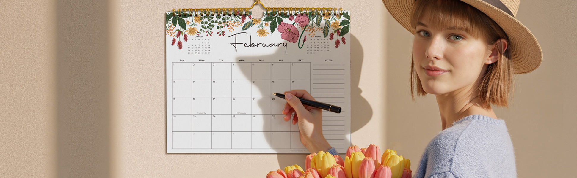 Woman holding a pen next to a floral-themed calendar on a beige wall.