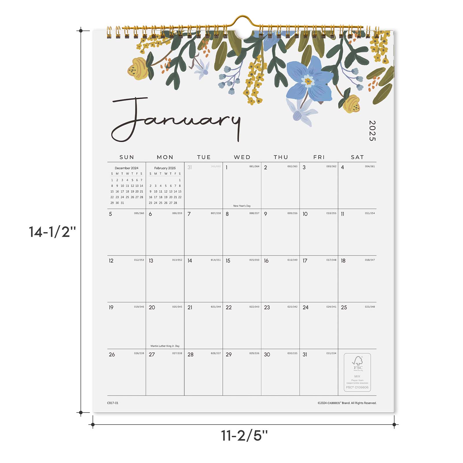 Cabbrix 2025-2026 Wall Calendar, Twin-Wire Binding, Floral Design