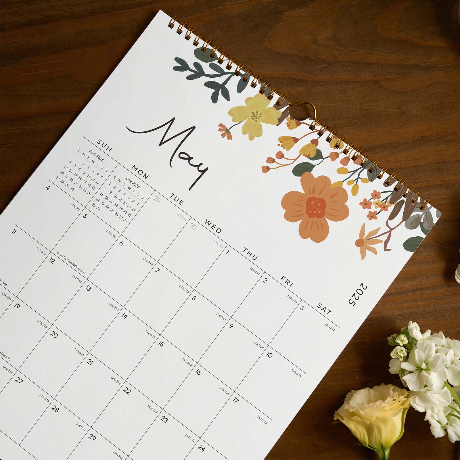 Cabbrix 2025-2026 Wall Calendar, Twin-Wire Binding, Floral Design