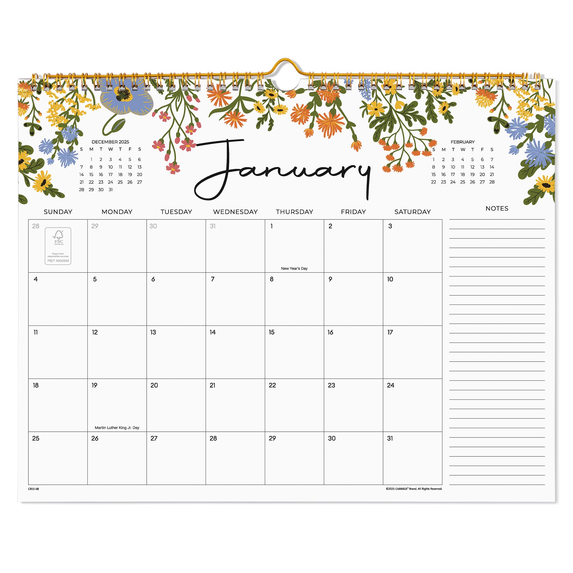 Floral-themed calendar with January on a white background