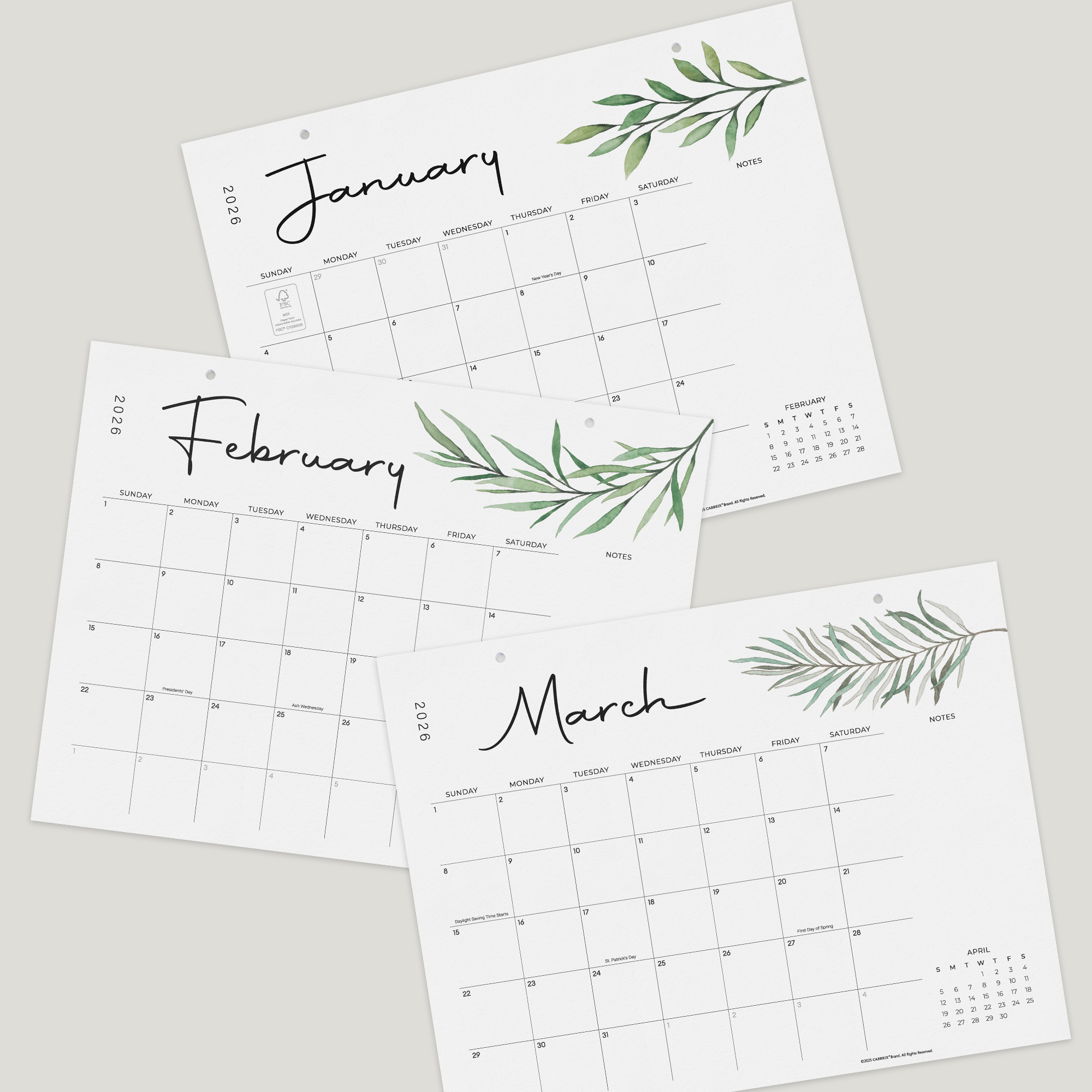 Three calendar sheets for January, February, and March with green leaf designs on a light gray background.