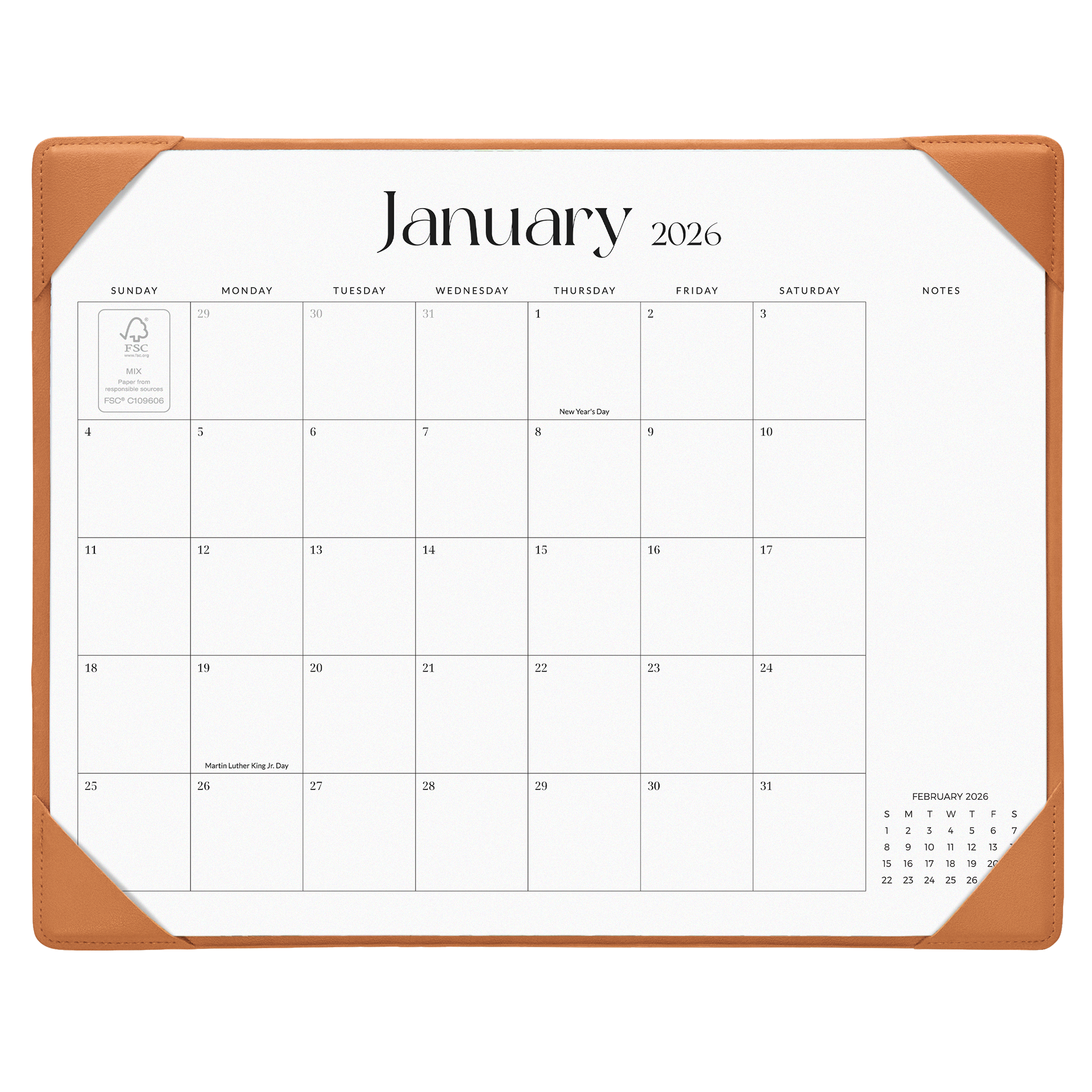 Calendar for January 2026 with a brown border on a white background