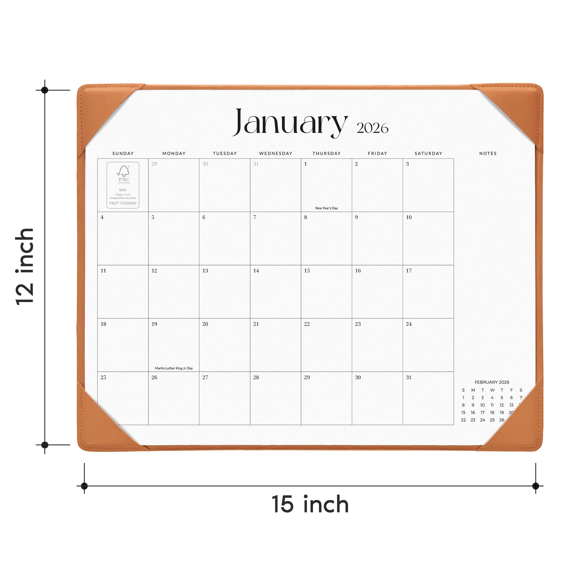 Calendar with dimensions showing 12-inch height and 15-inch width, featuring January 2026.