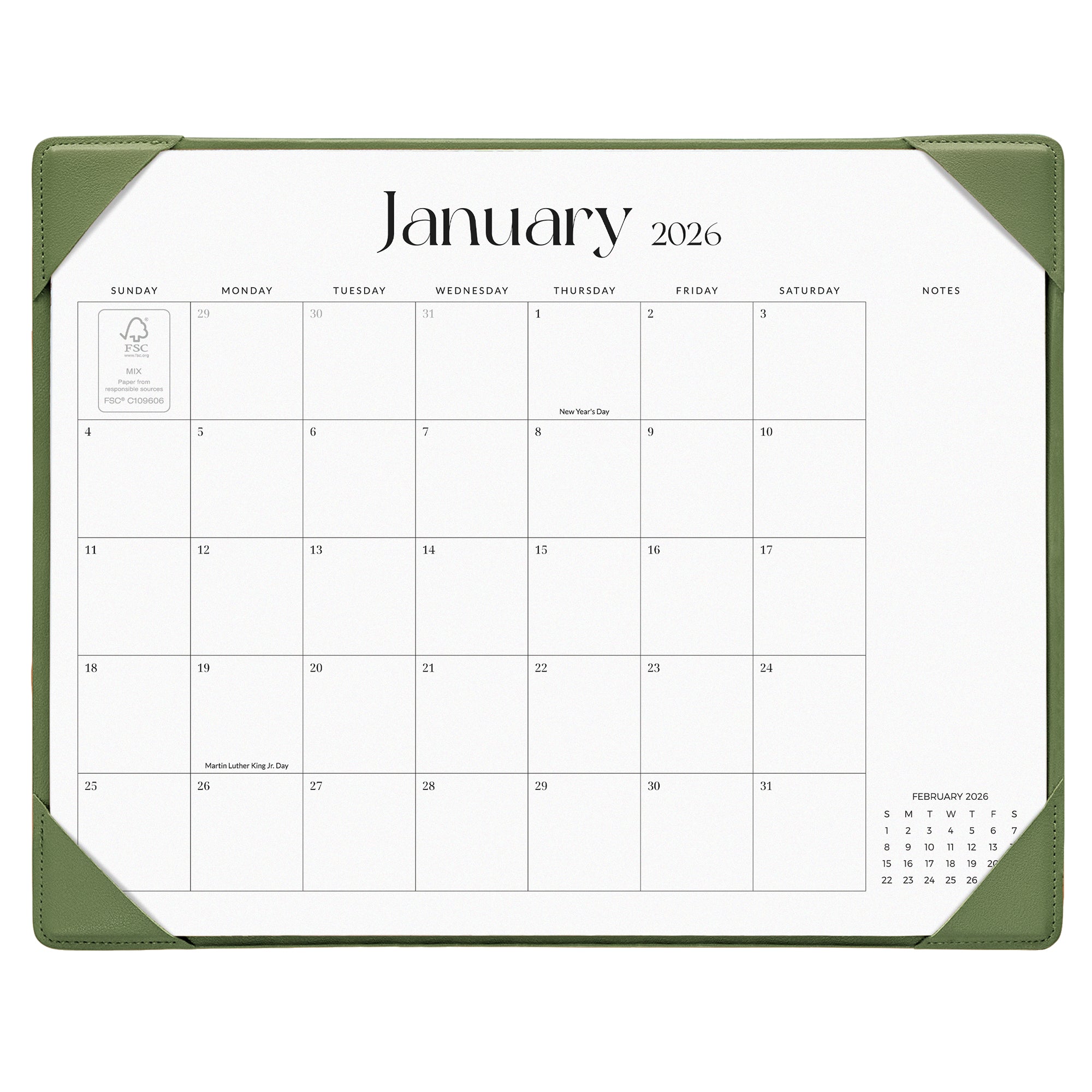 Calendar for January 2026 with a green border on a white background