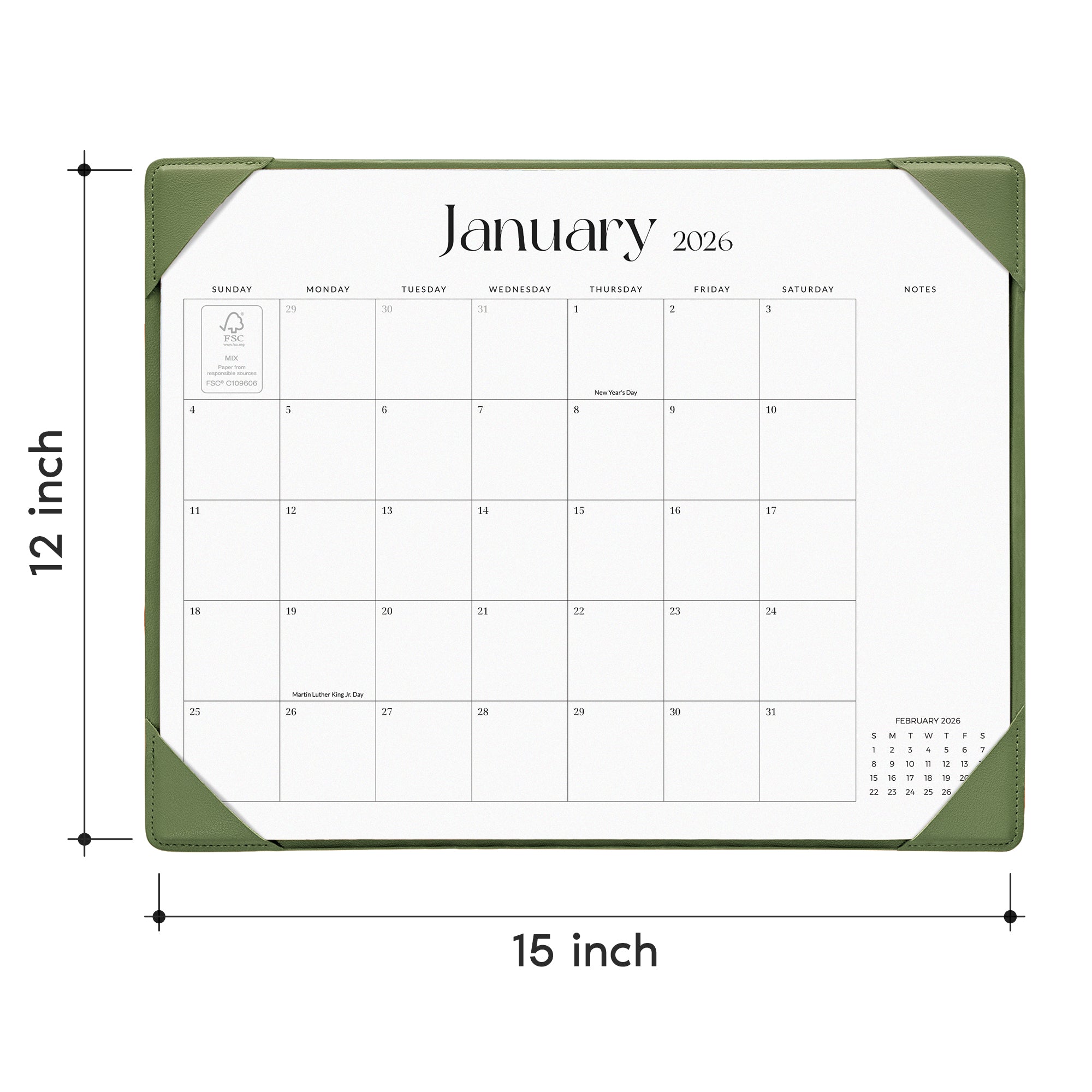 Calendar with dimensions labeled on a white background