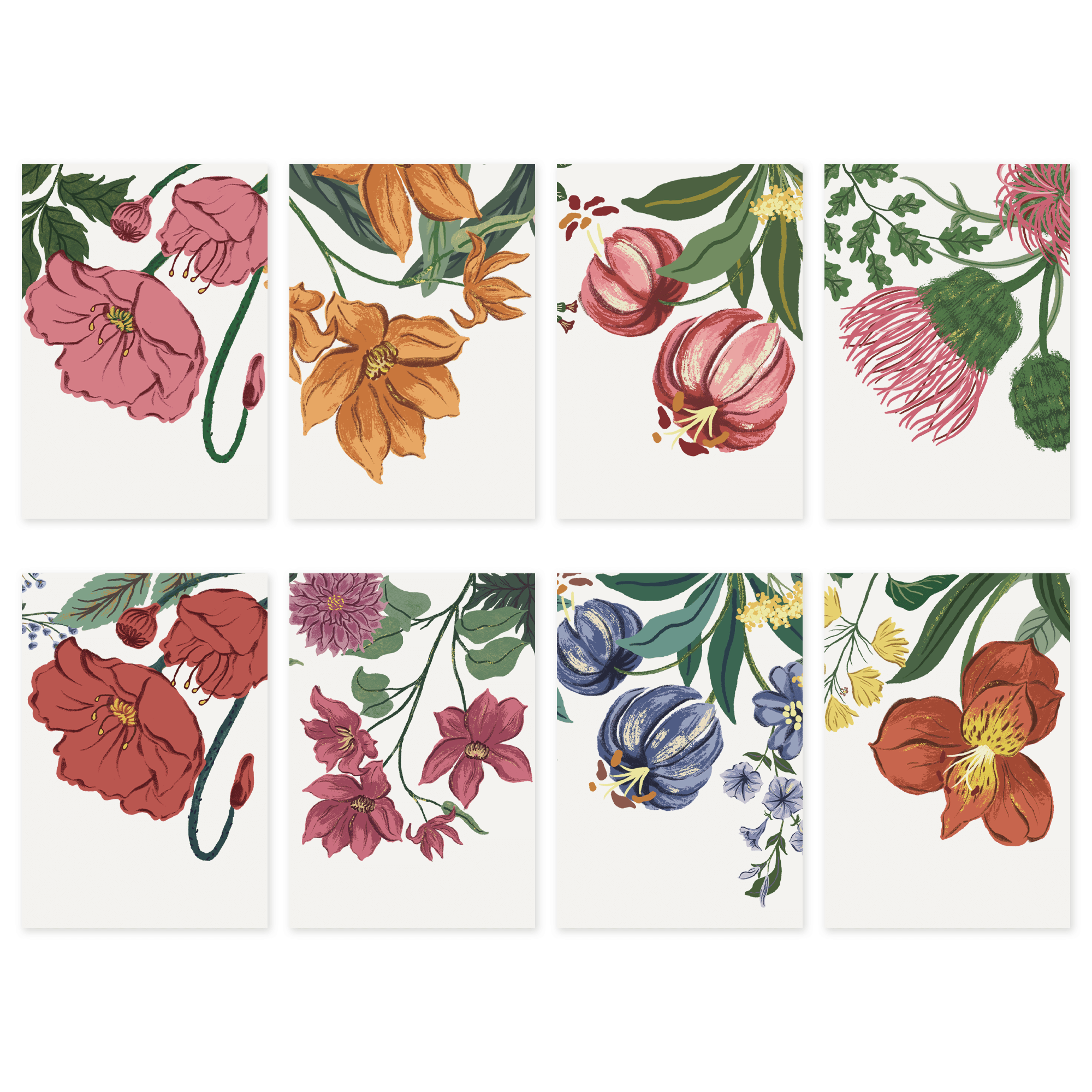 Set of eight floral cards with various flowers on a white background