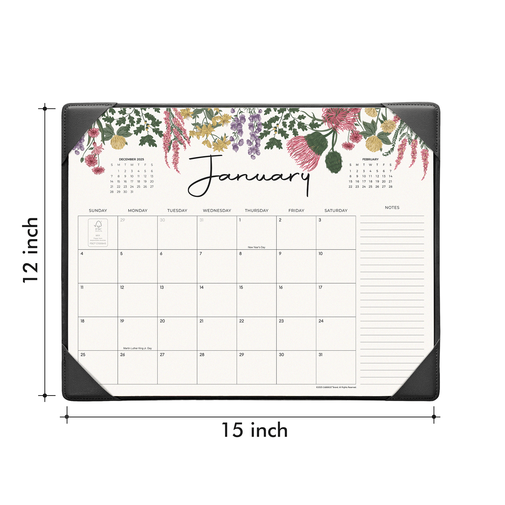 Floral-themed calendar with dimensions on a white background