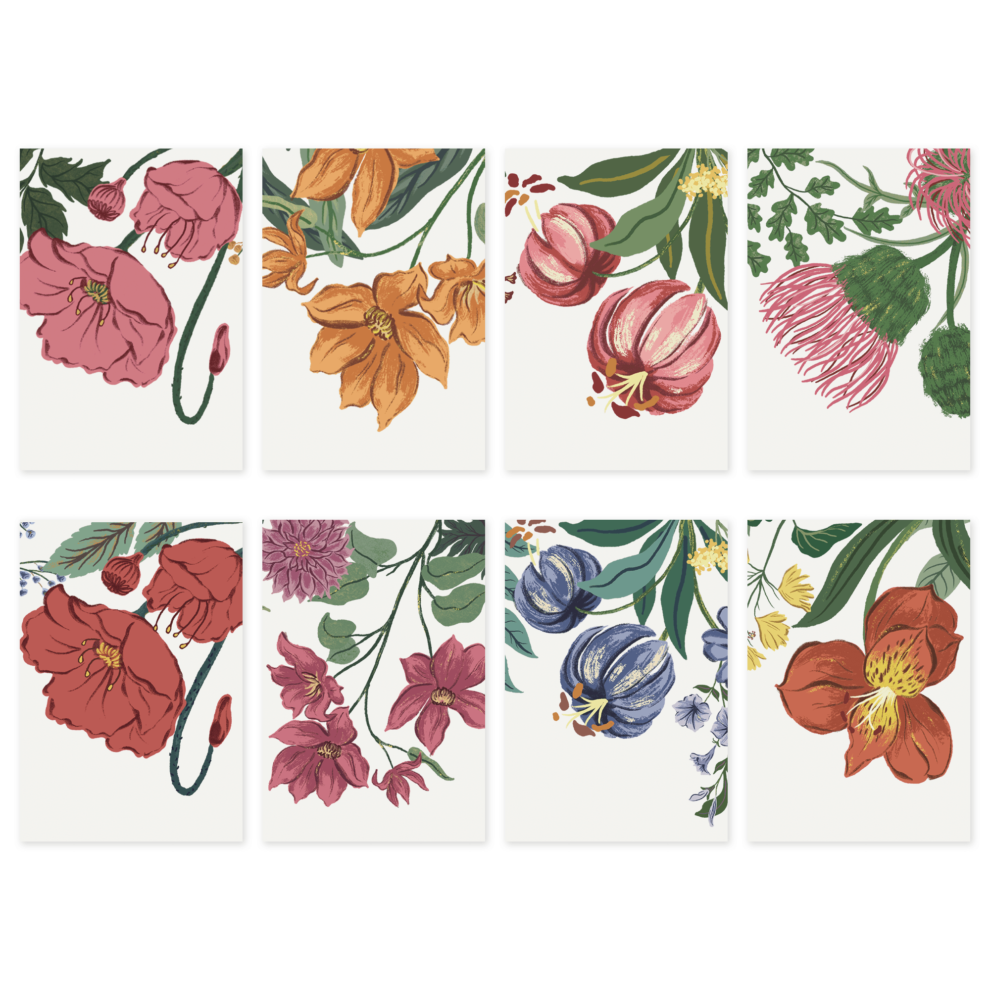 Set of six floral coasters with various flowers on a white background