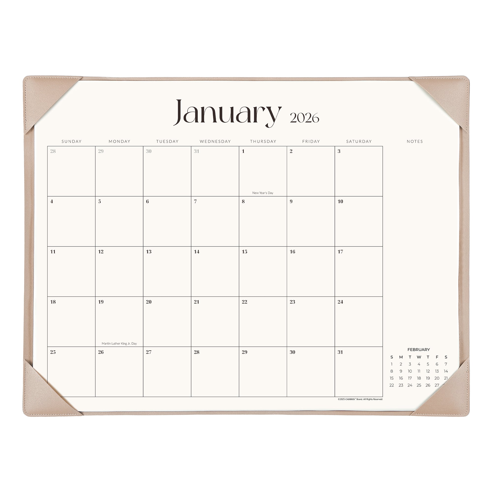 Calendar for January 2026 with a beige border on a white background
