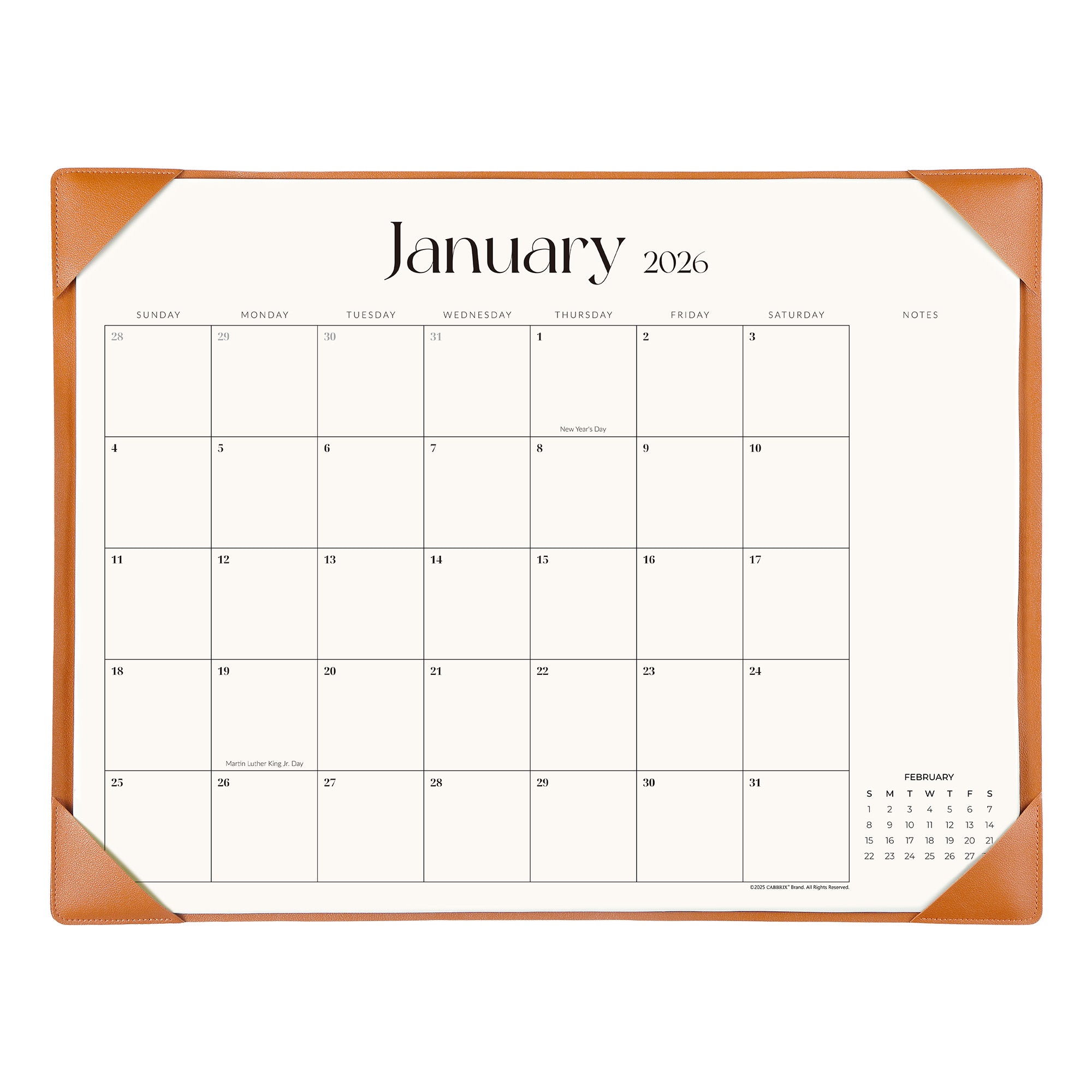 Calendar for January 2026 with a brown border on a white background